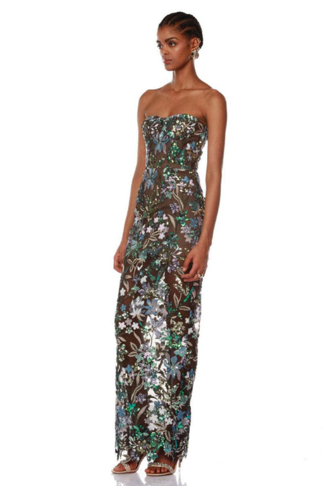 Strapless Floral Sequin Maxi