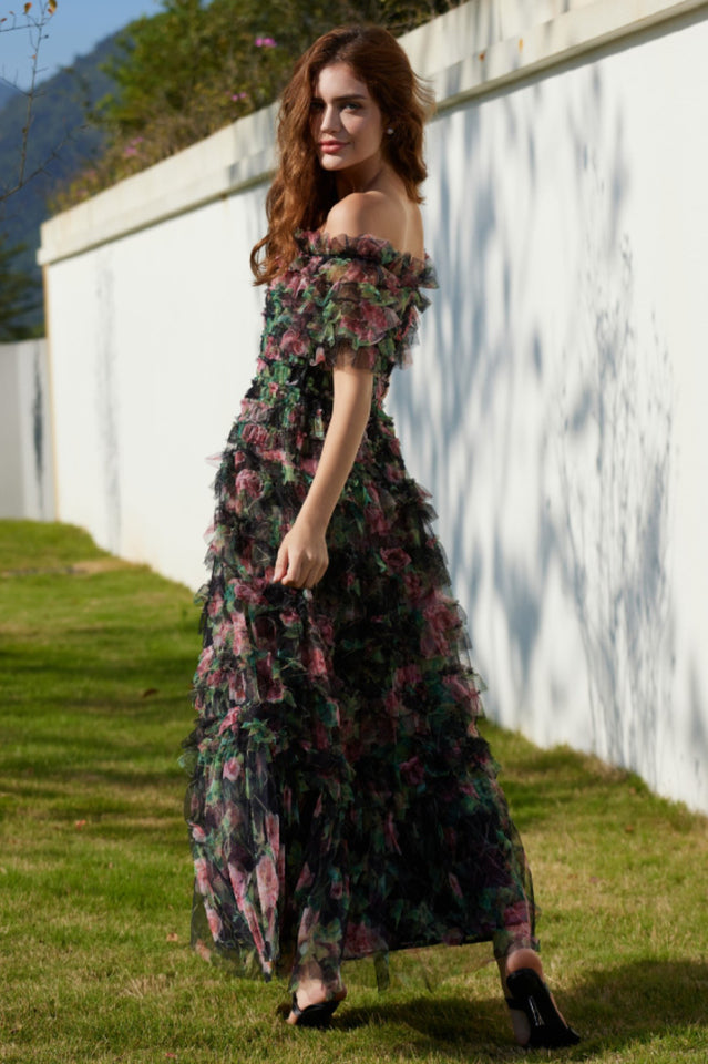 Square Neck Ruched Floral Maxi