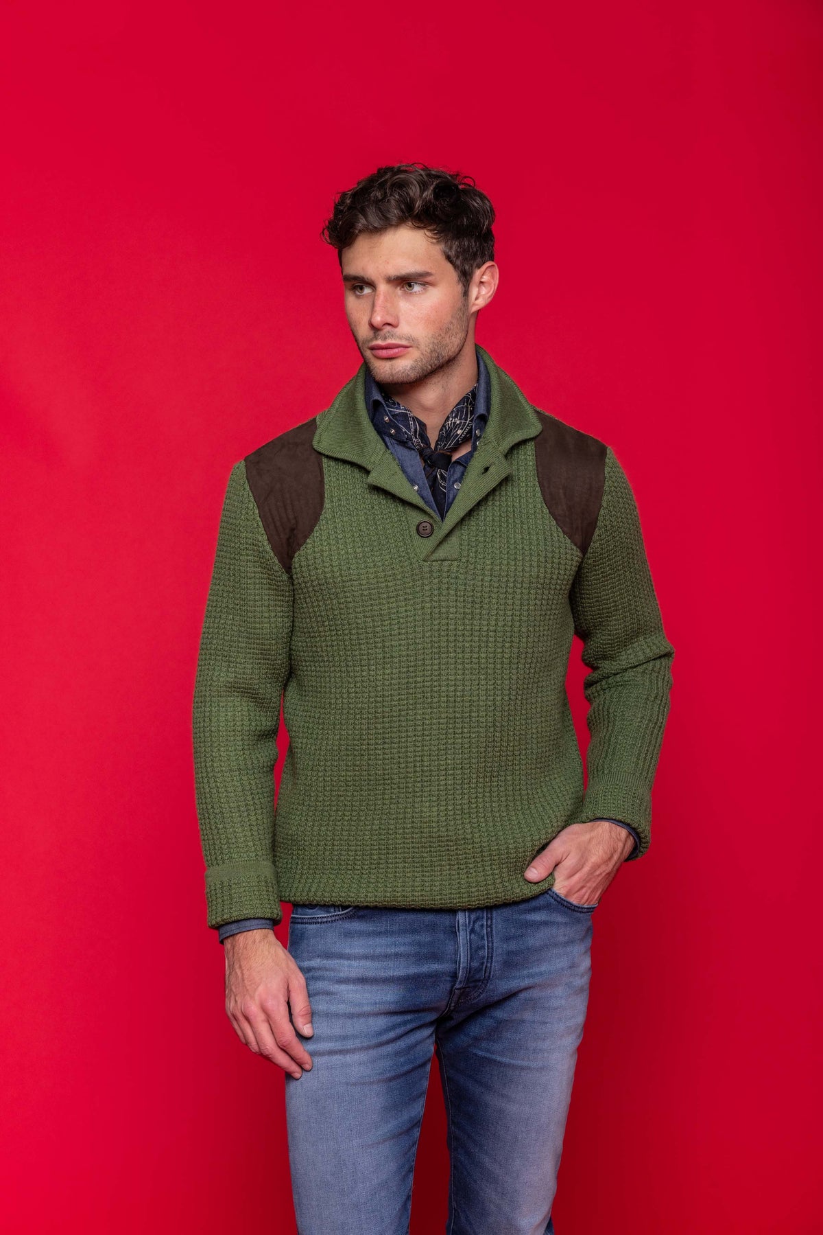 ‌Suede-Accented Wool Ribbed Crewneck