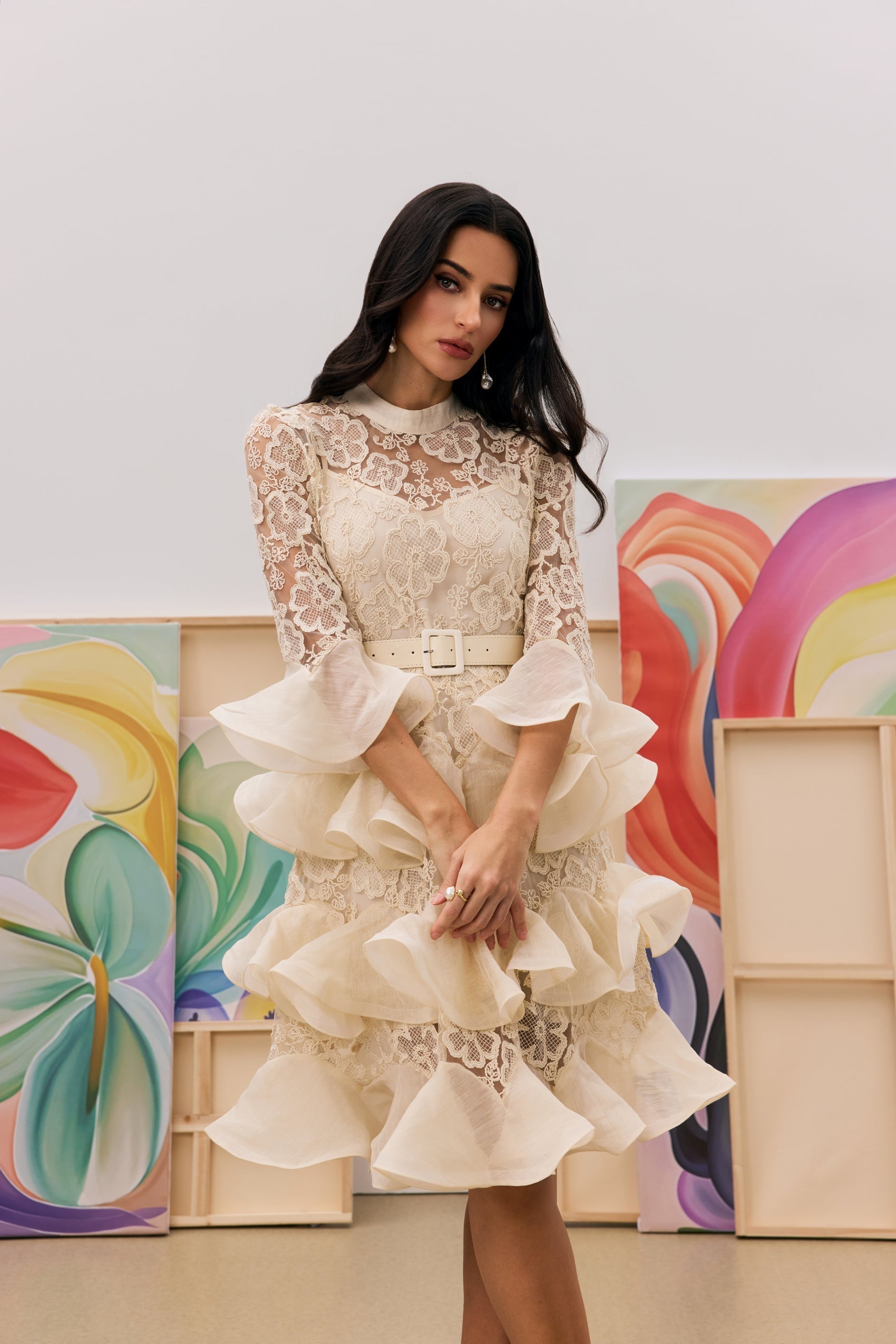 Belted Semi-Sheer Ruffle Maxi