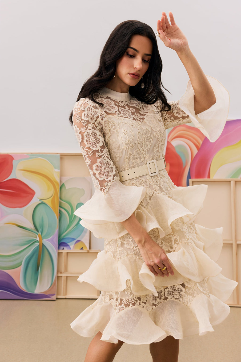Belted Semi-Sheer Ruffle Maxi