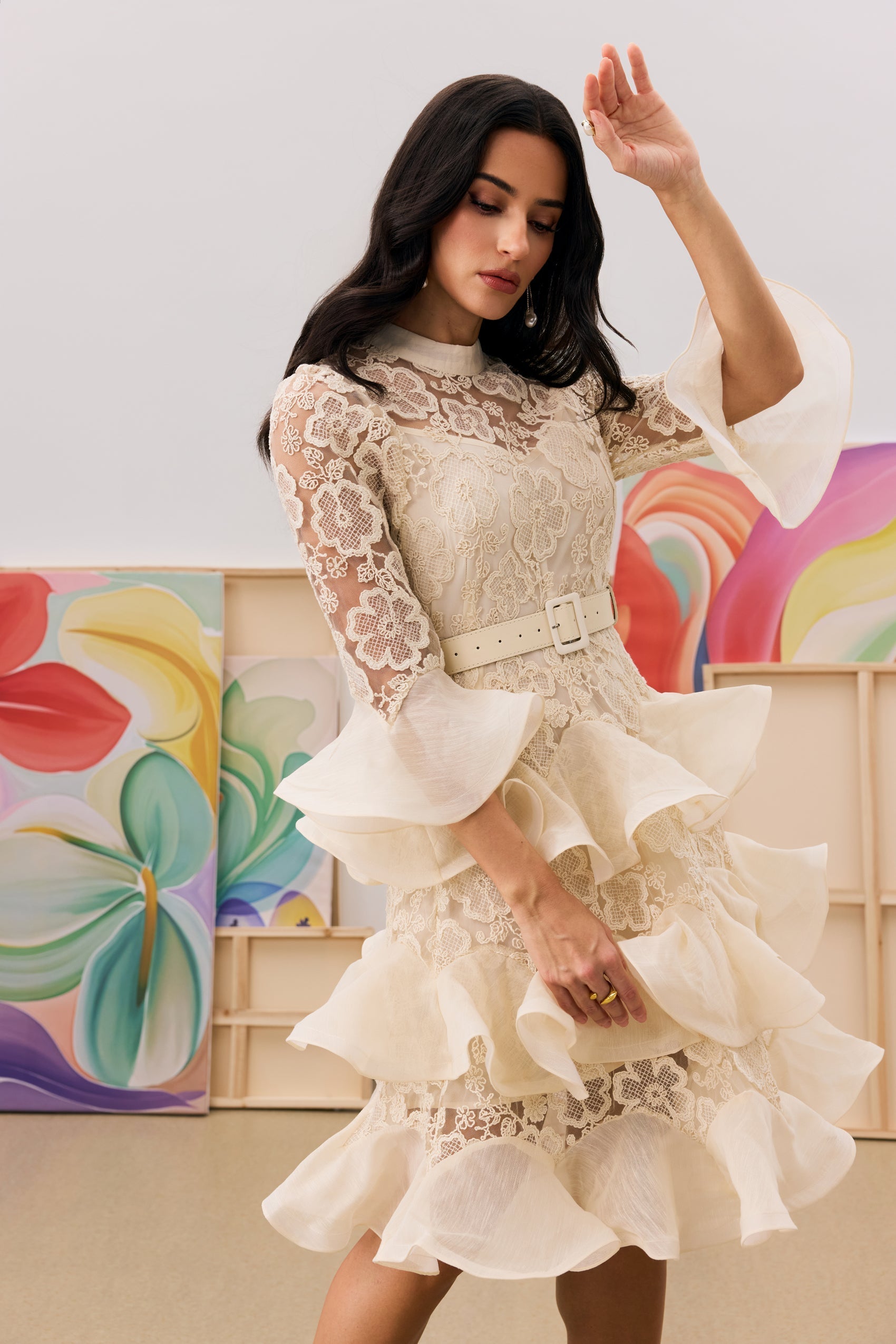Belted Semi-Sheer Ruffle Maxi