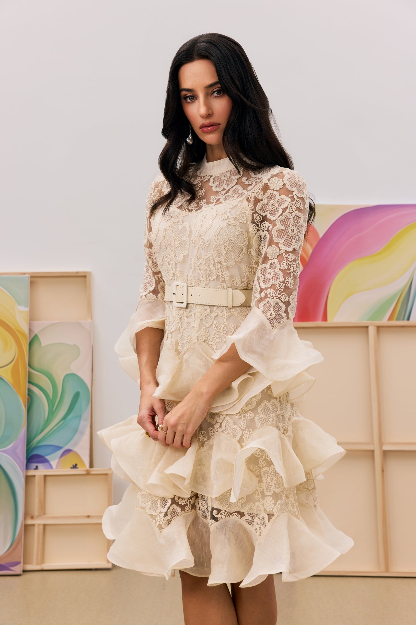Belted Semi-Sheer Ruffle Maxi