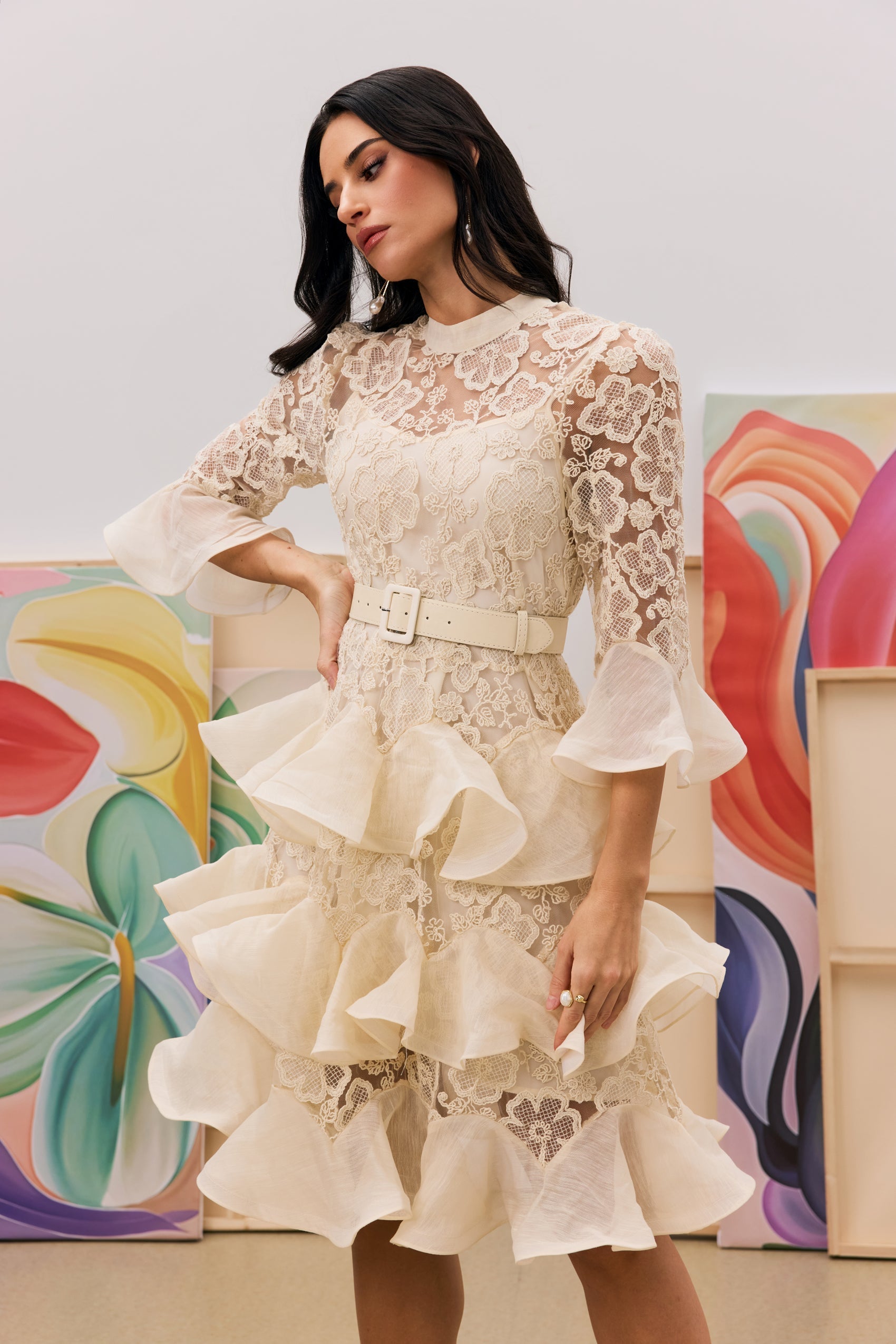 Belted Semi-Sheer Ruffle Maxi
