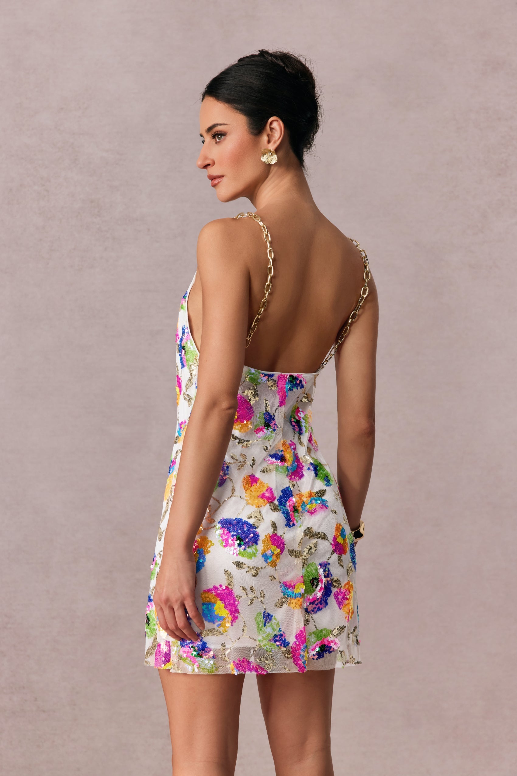 Sequin Mesh Metal Shoulder Chain Backless Mini