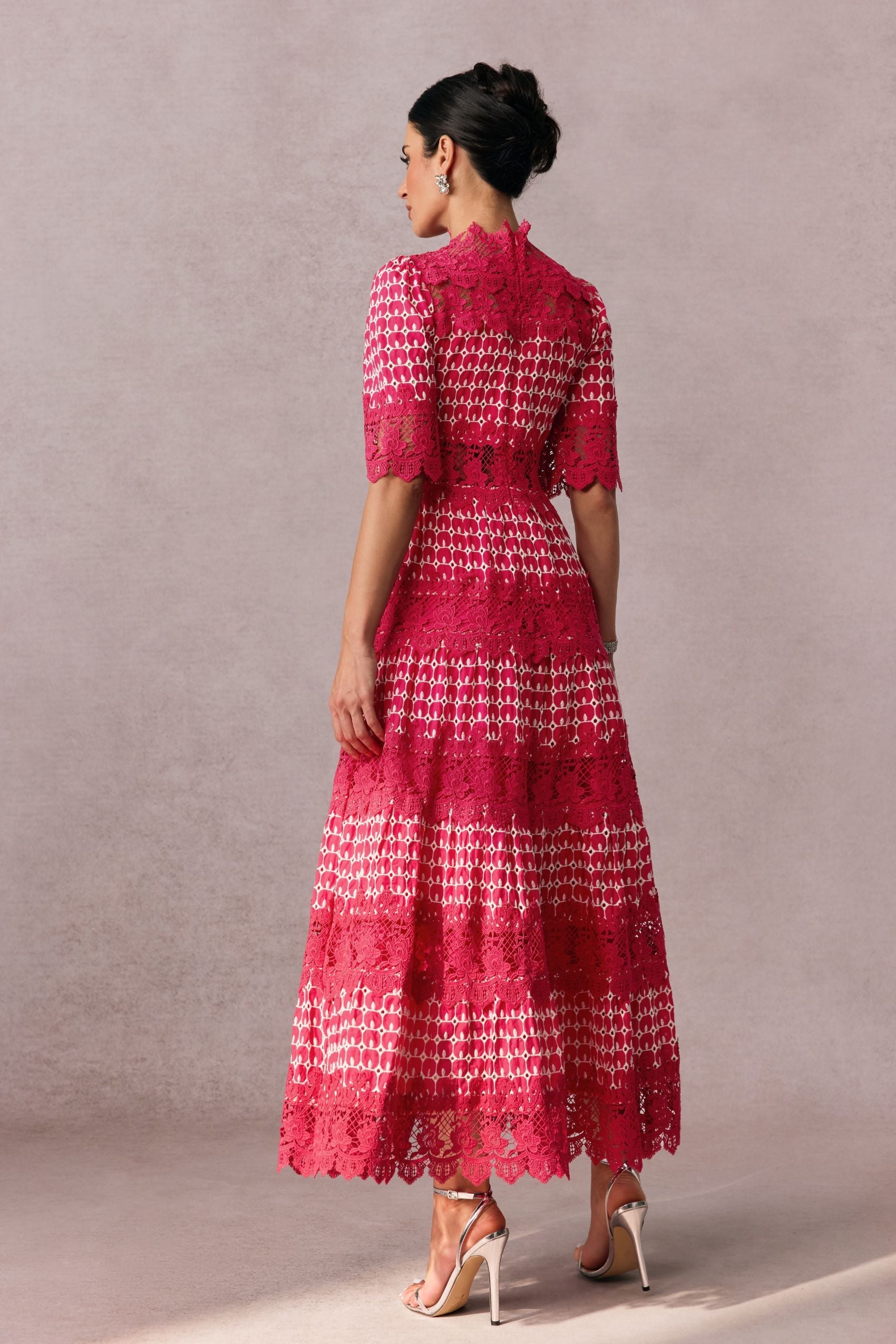 Mock Neck Embroidered Lace Midi