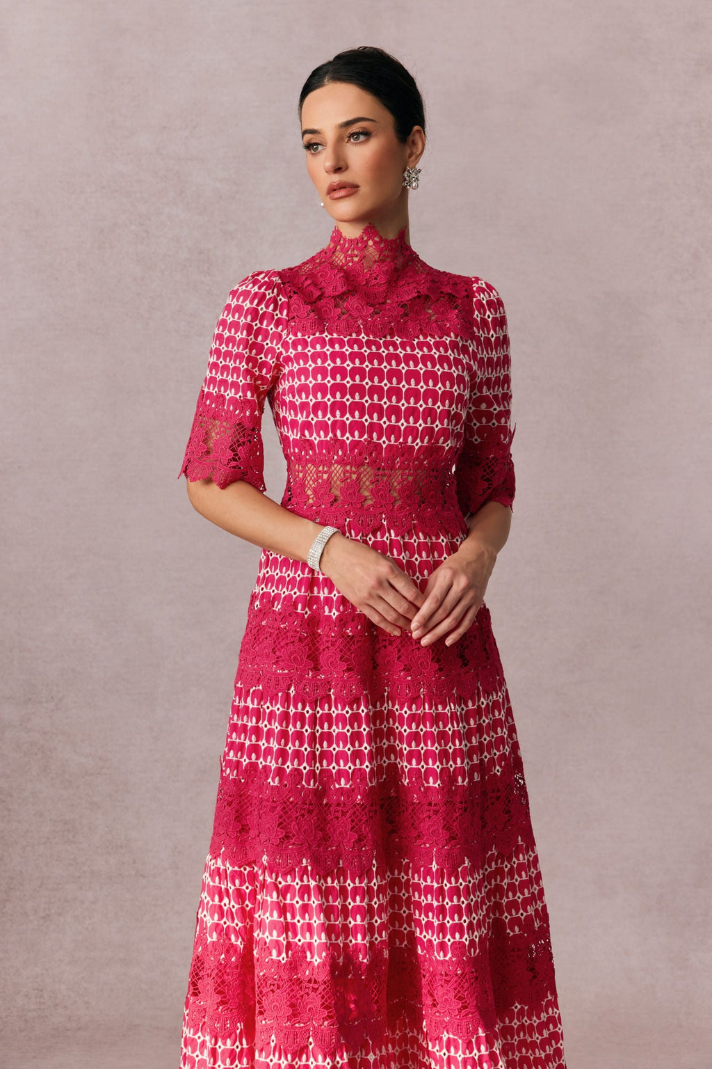Mock Neck Embroidered Lace Midi