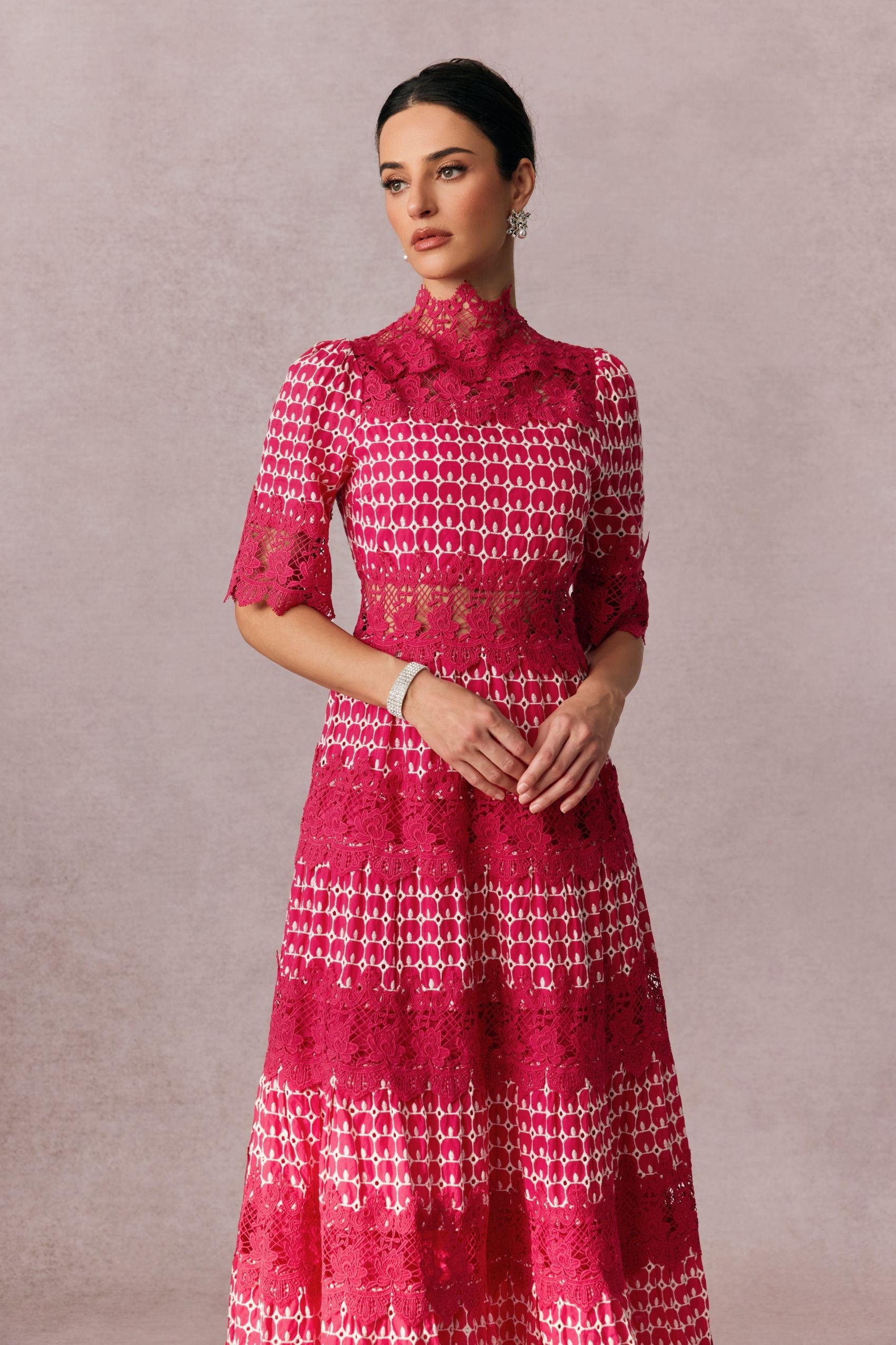Mock Neck Embroidered Lace Midi