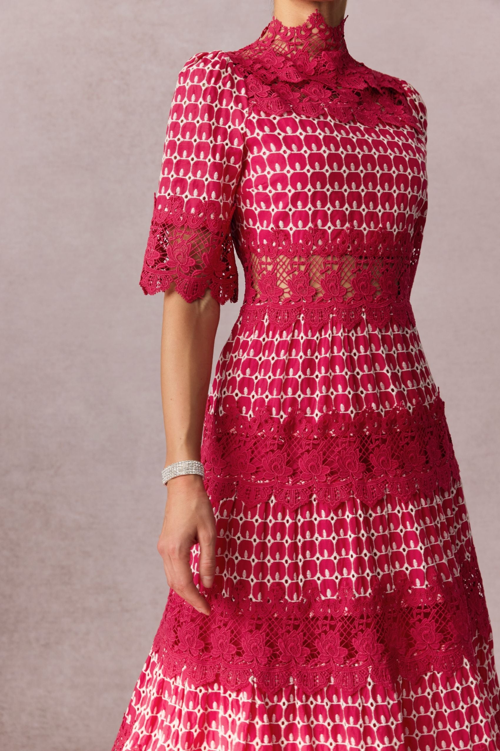 Mock Neck Embroidered Lace Midi
