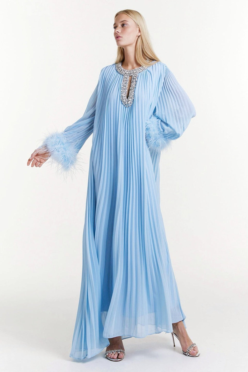 Diamante Collar Feathered Chiffon Maxi
