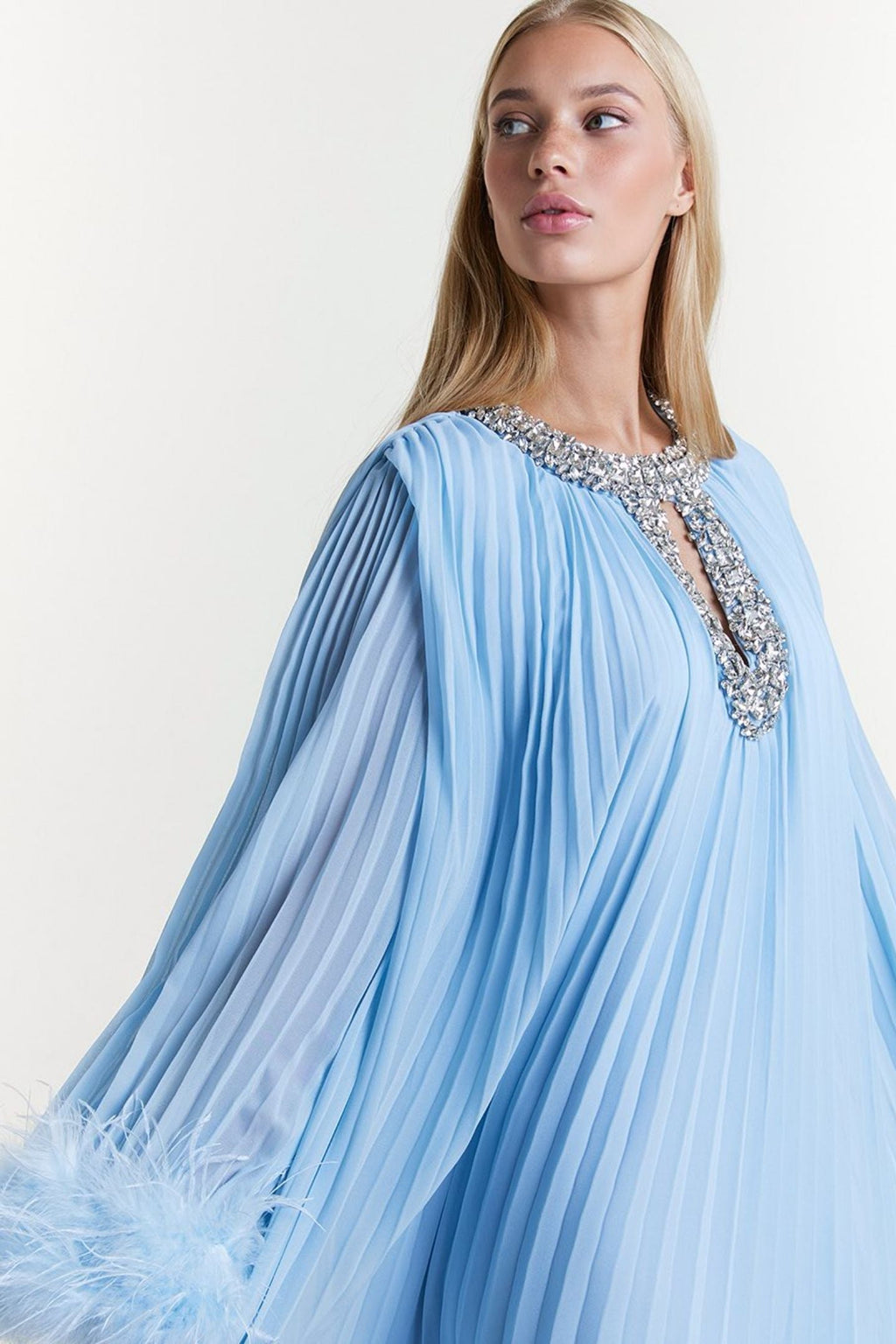 Diamante Collar Feathered Chiffon Maxi