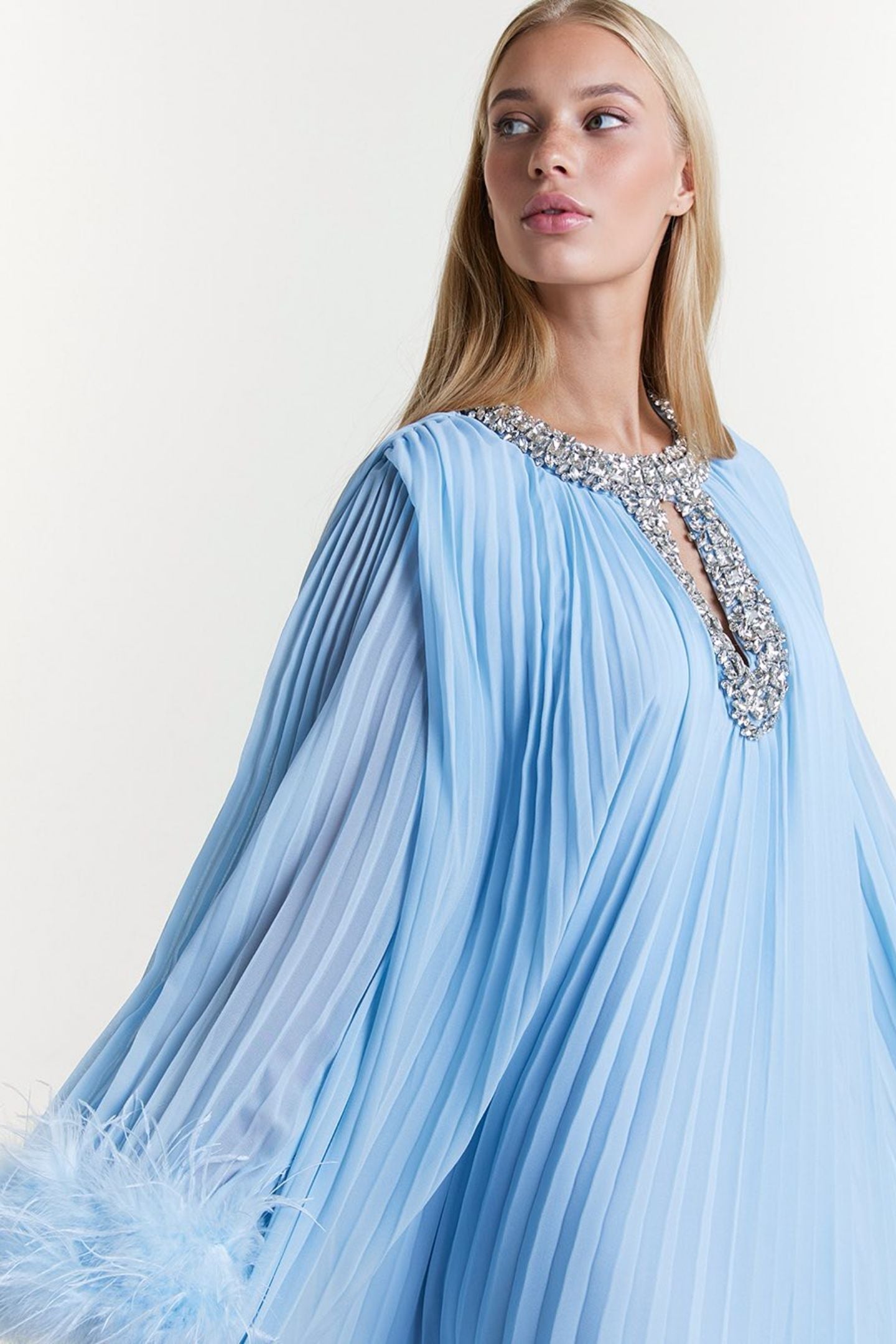 Diamante Collar Feathered Chiffon Maxi