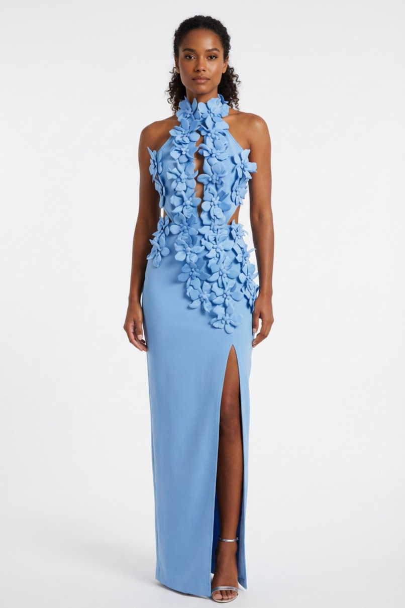 Red Halter 3D Flower Maxi Dress