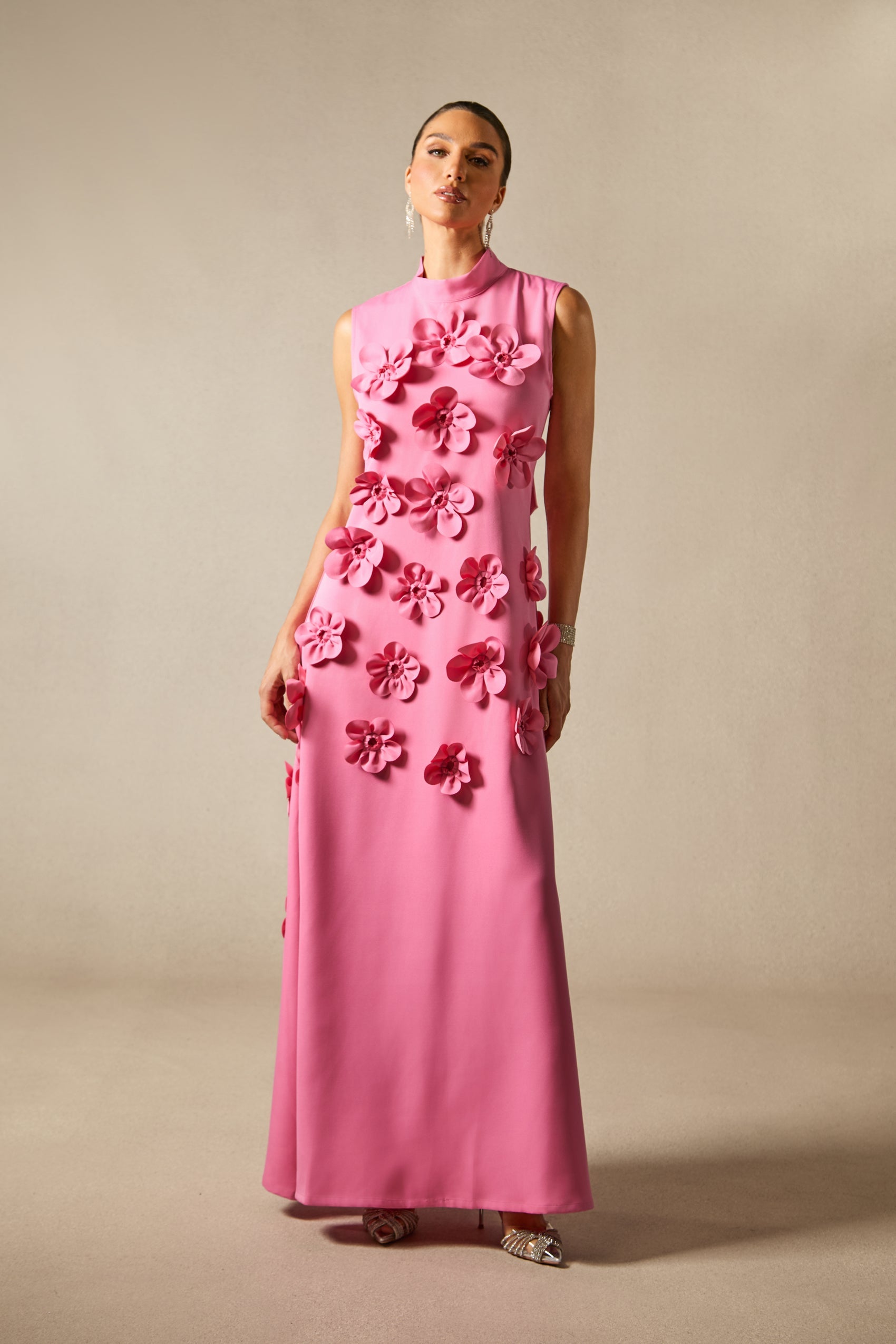 Sleeveless Mock Neck Flower Maxi