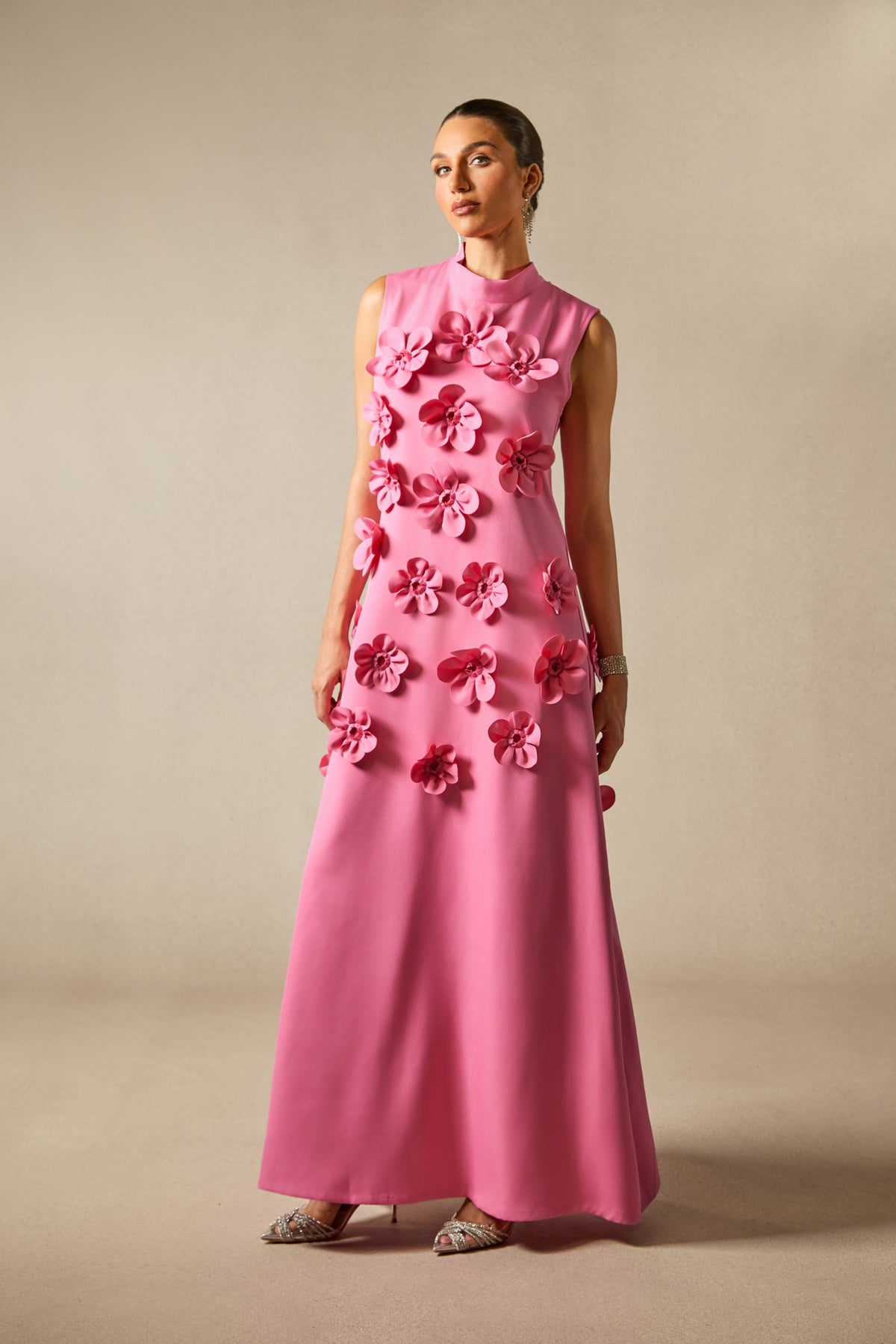 Sleeveless Mock Neck Flower Maxi