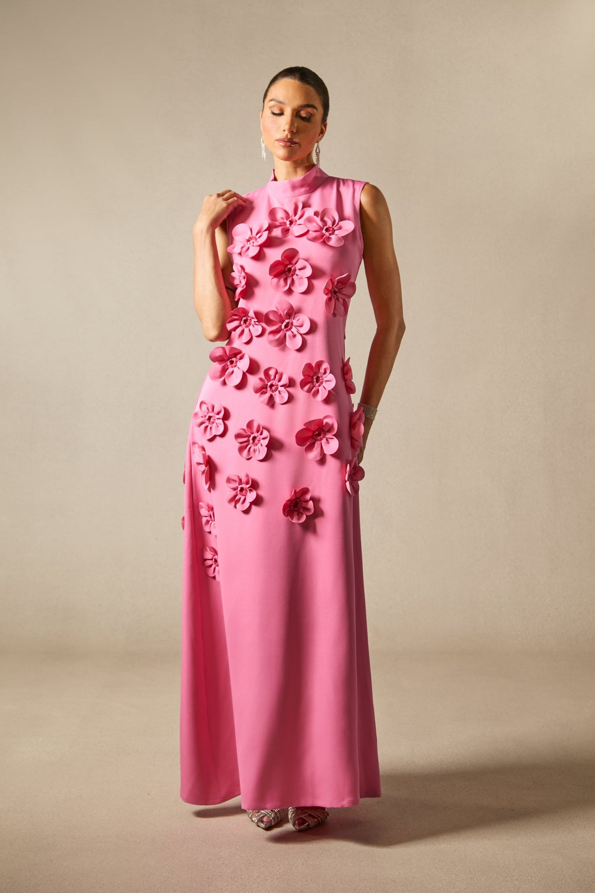 Sleeveless Mock Neck Flower Maxi