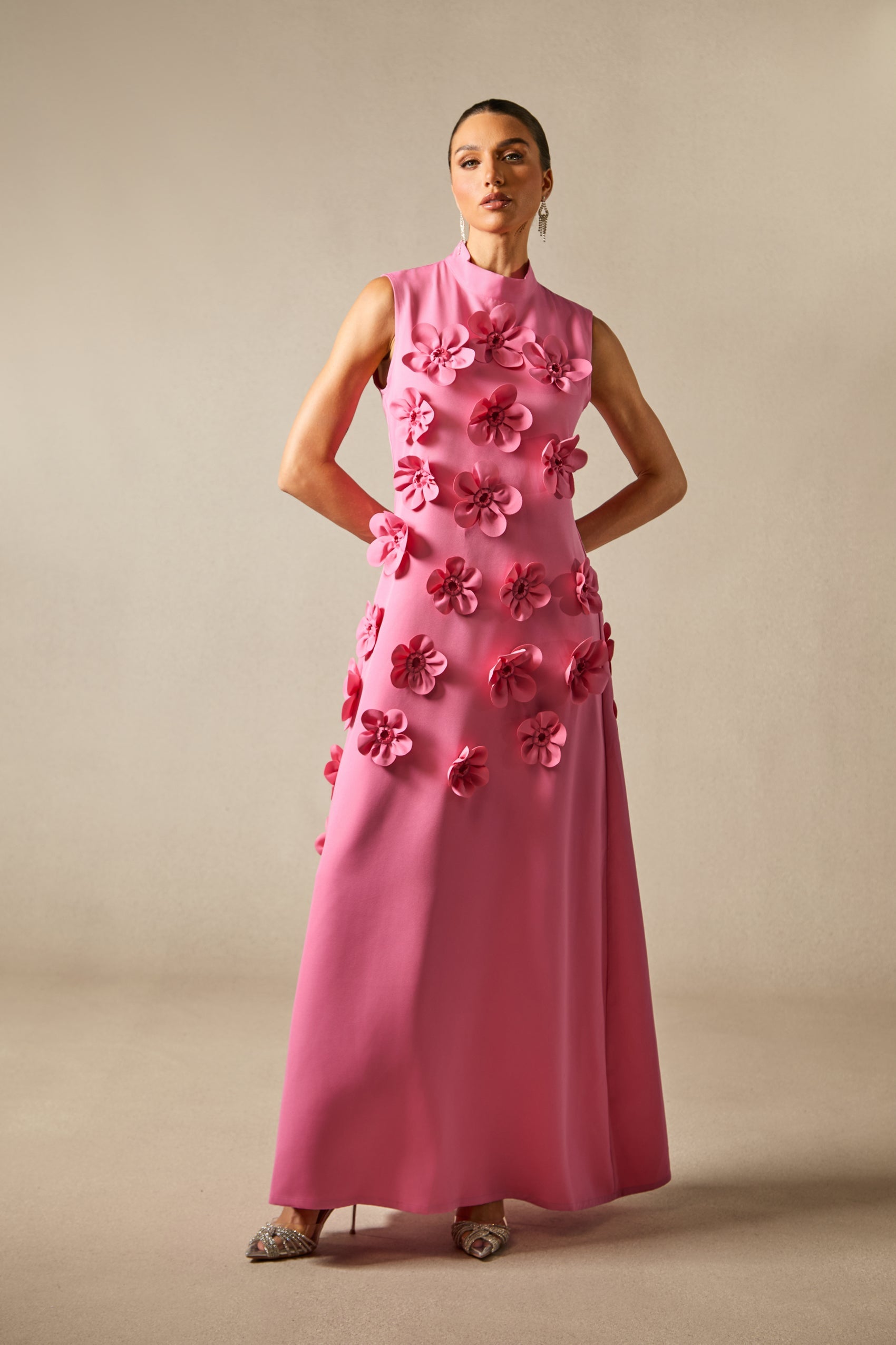 Sleeveless Mock Neck Flower Maxi