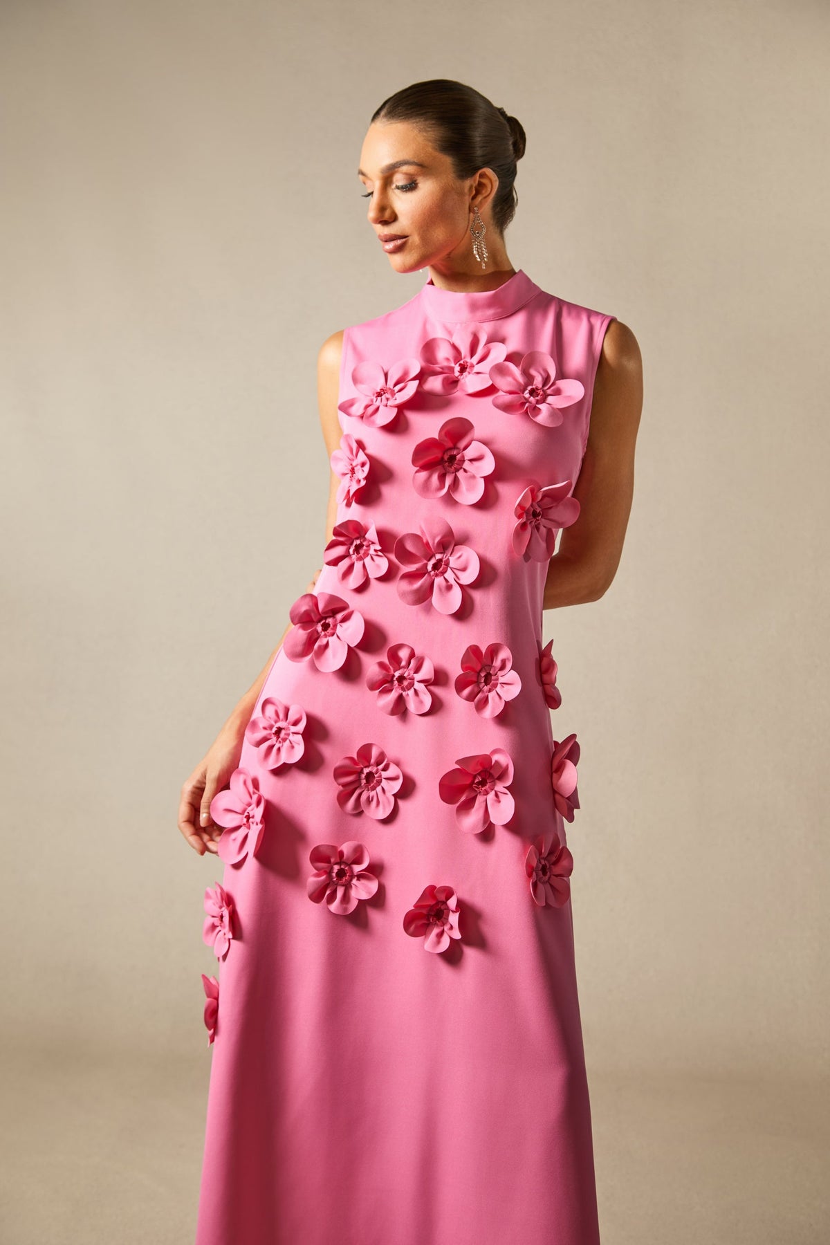 Sleeveless Mock Neck Flower Maxi