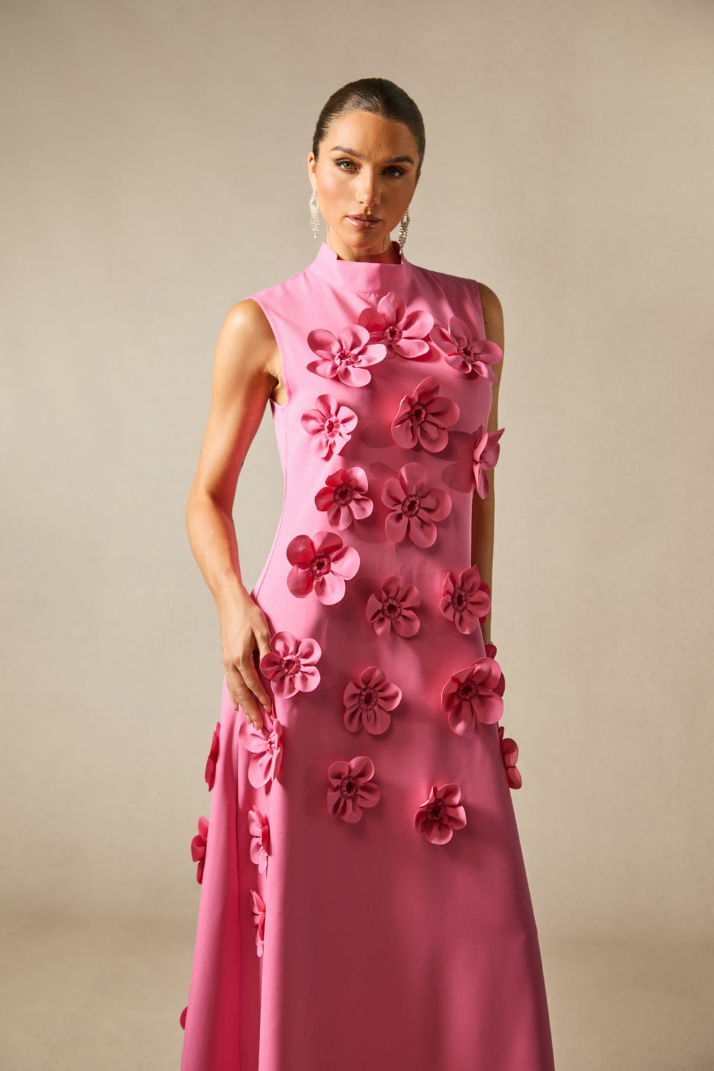Sleeveless Mock Neck Flower Maxi