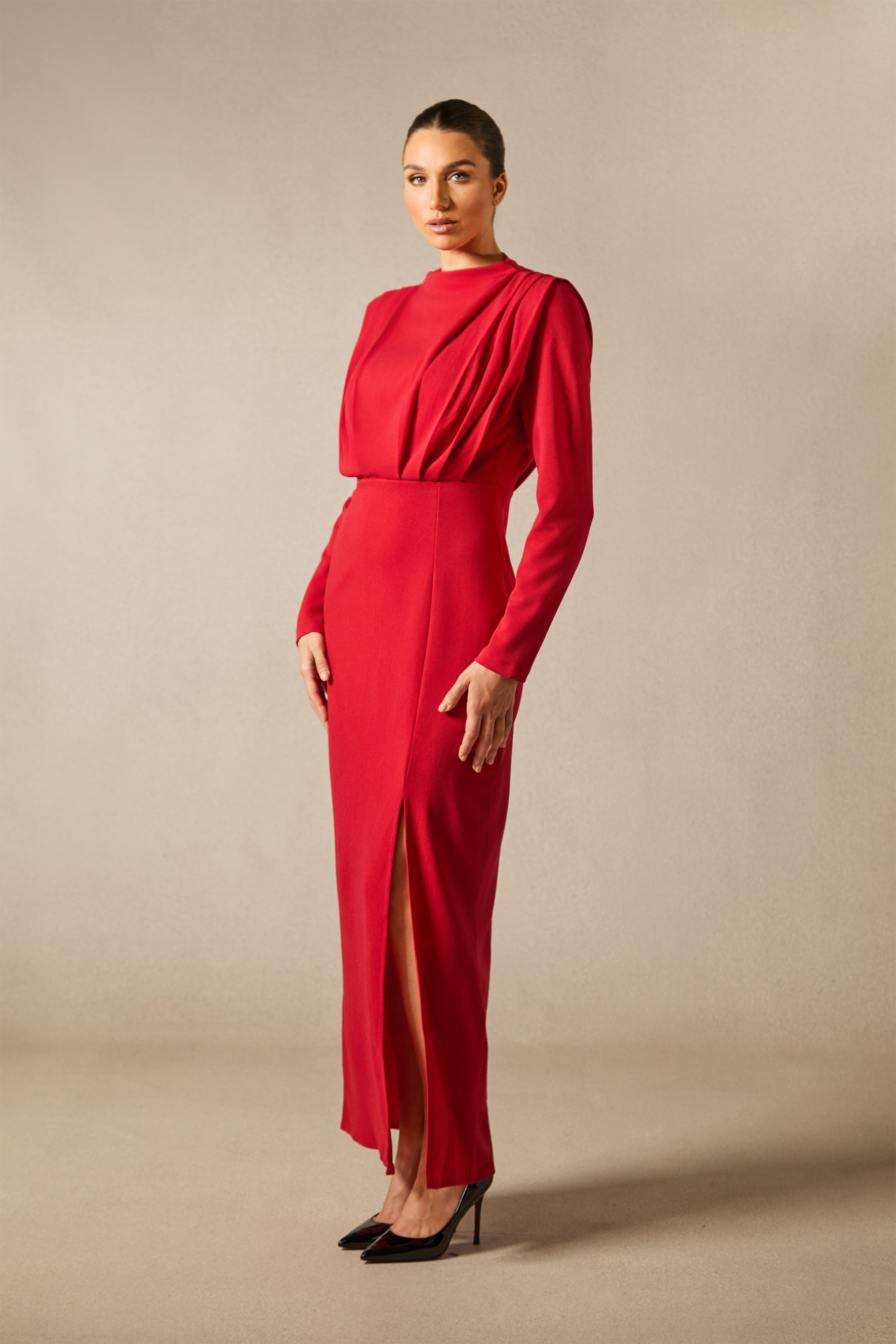 High-Split Long Sleeve Pleat Maxi