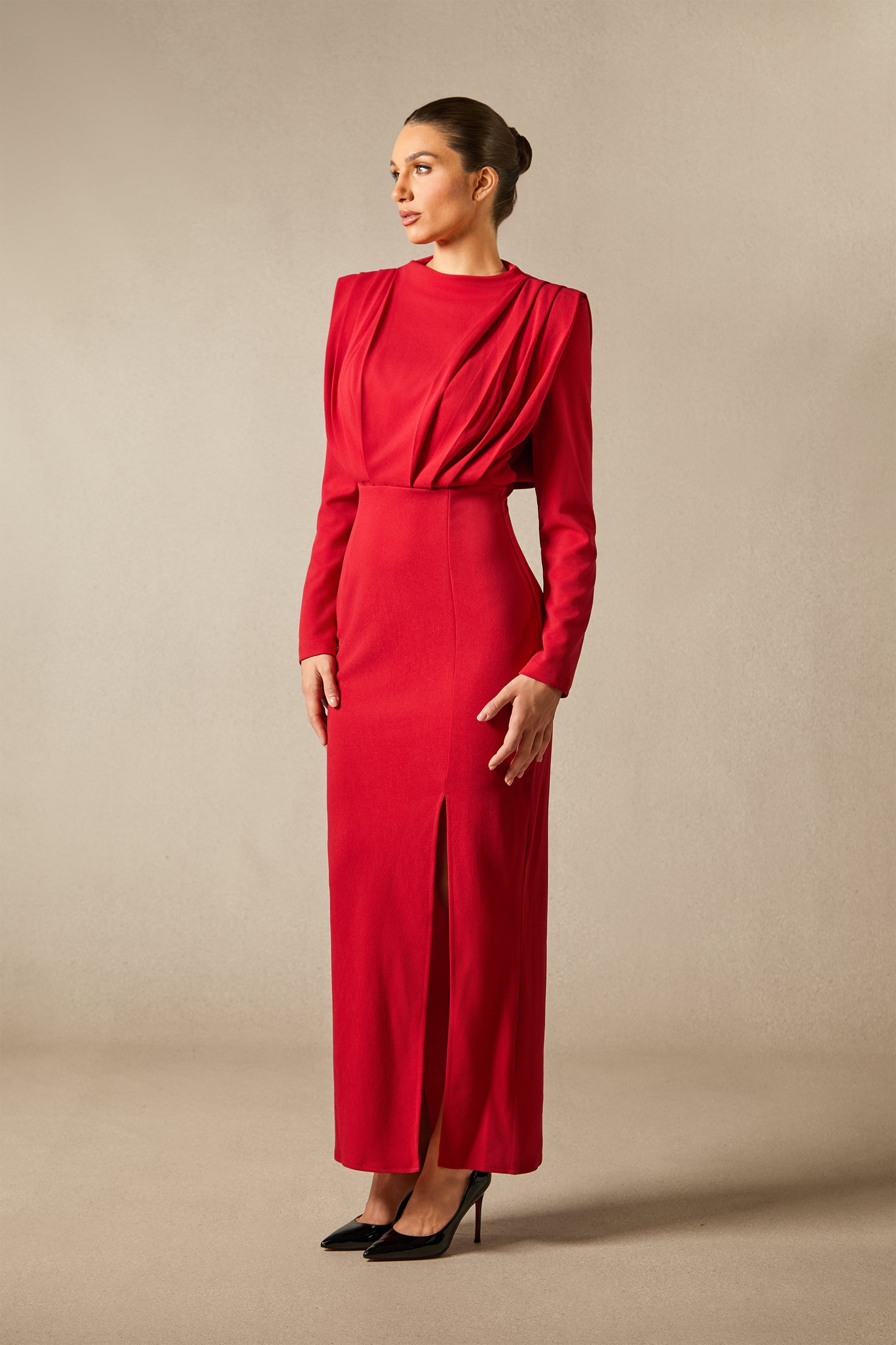 High-Split Long Sleeve Pleat Maxi