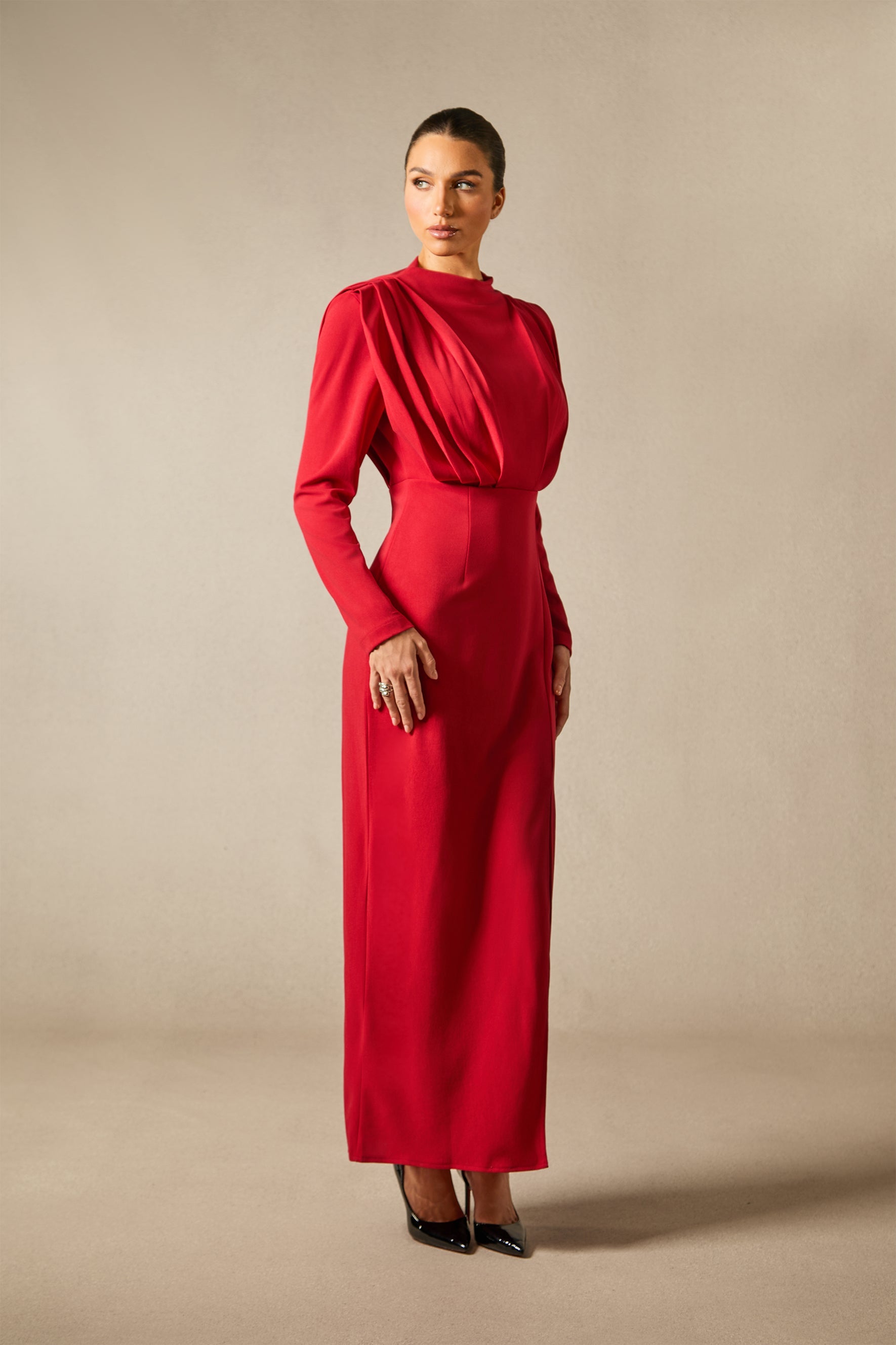 High-Split Long Sleeve Pleat Maxi