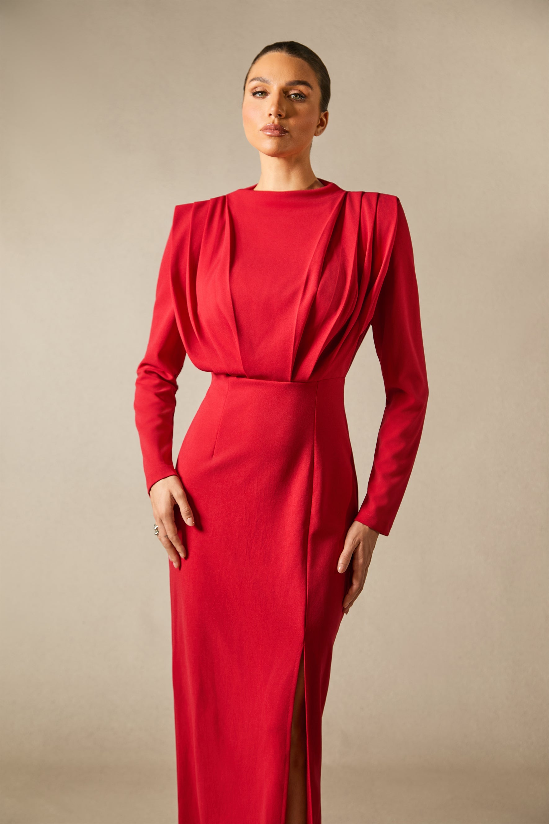 High-Split Long Sleeve Pleat Maxi