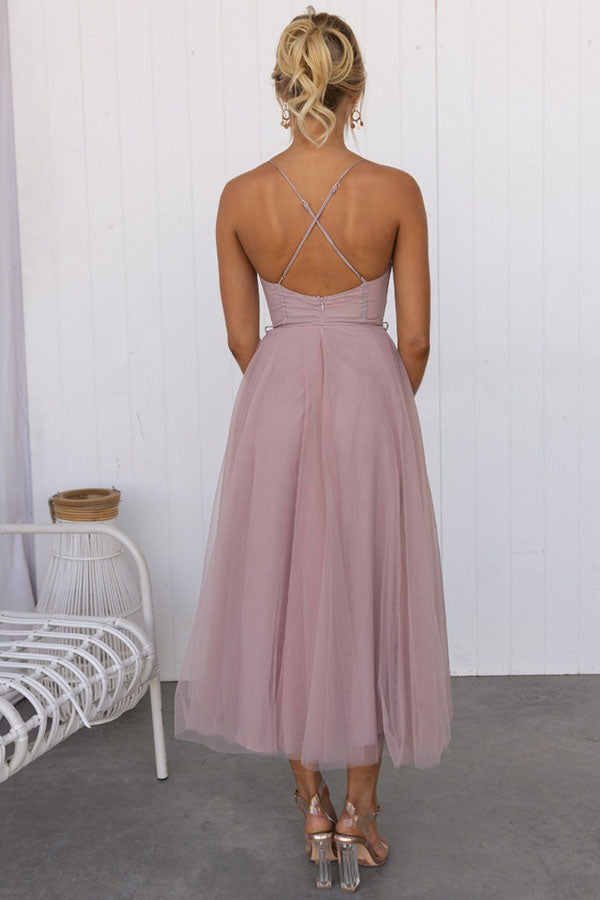Sleeveless Tulle Ankle-Length Gown