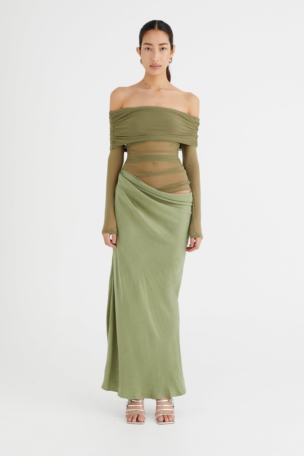 Off-Shoulder Stretch Mesh Maxi