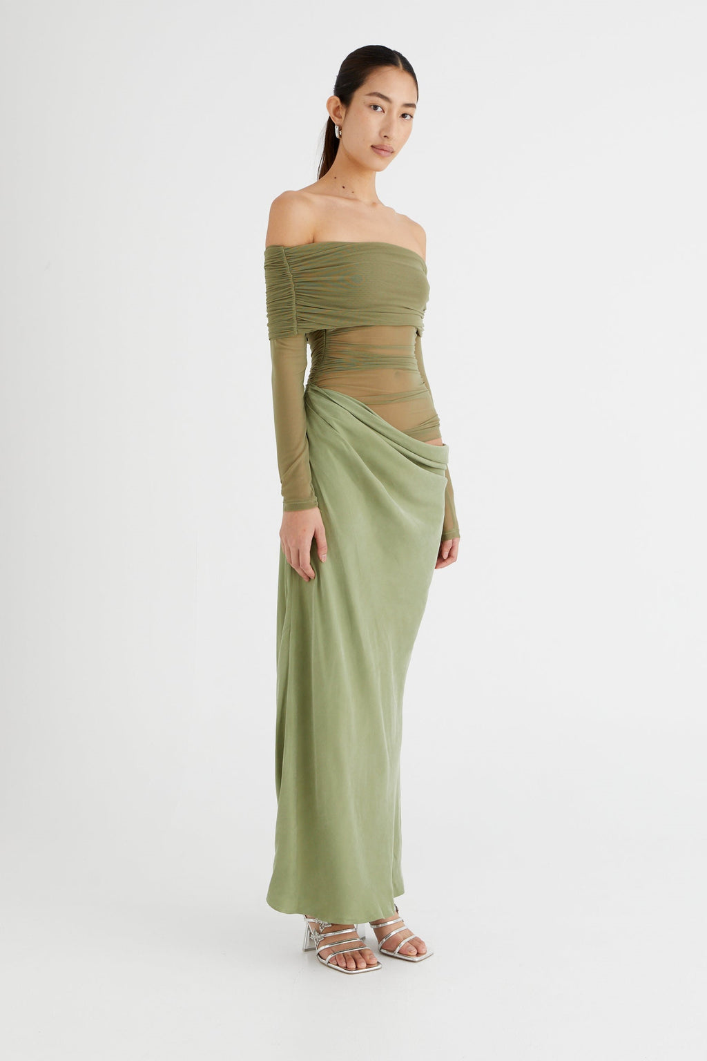 Off-Shoulder Stretch Mesh Maxi