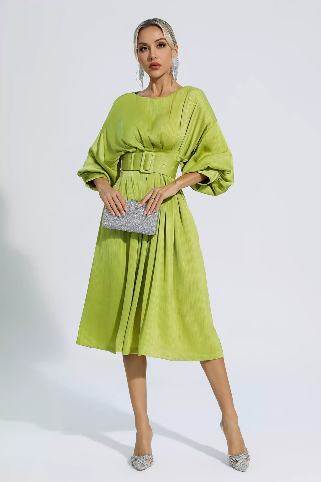 Light Green Satin Bateau Midi