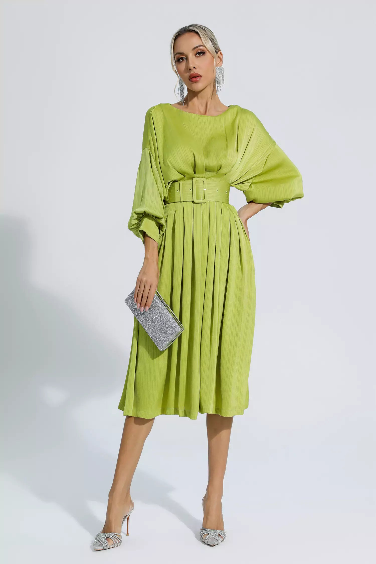 Light Green Satin Bateau Midi