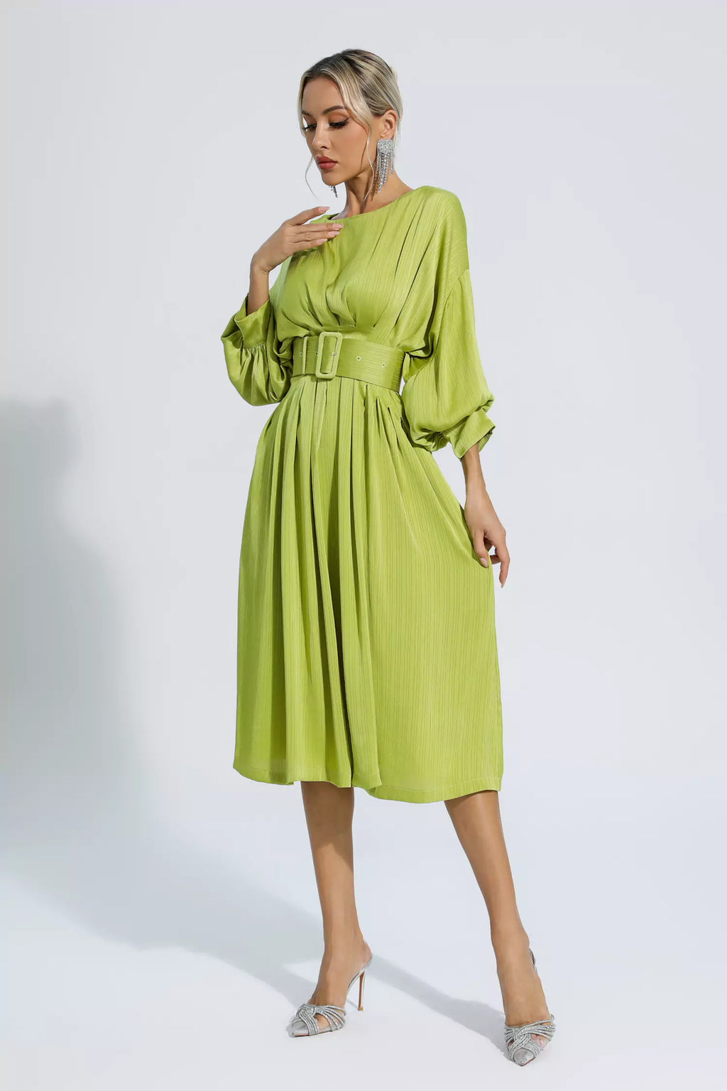 Light Green Satin Bateau Midi