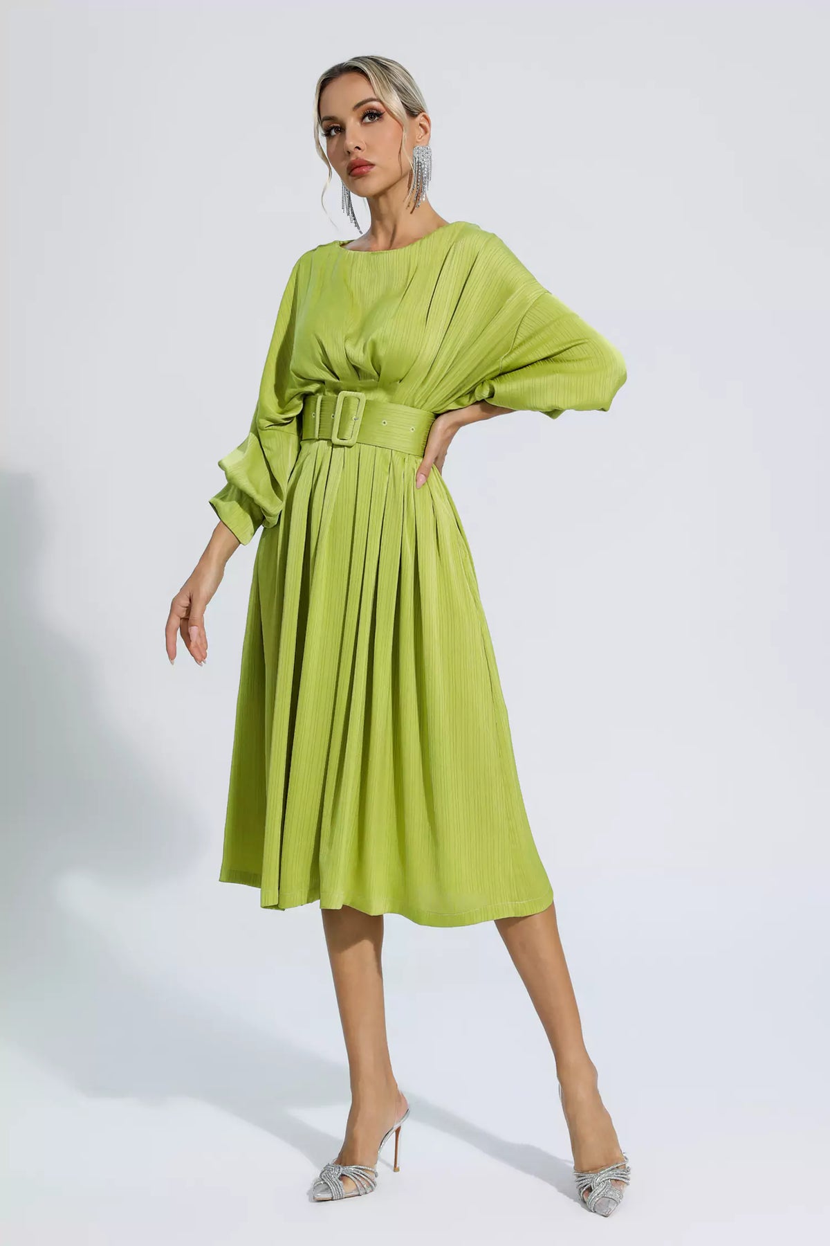 Light Green Satin Bateau Midi