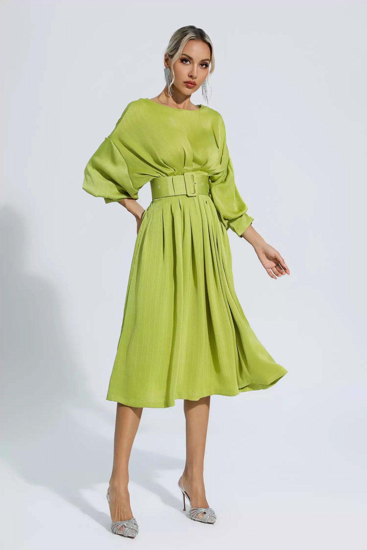 Light Green Satin Bateau Midi