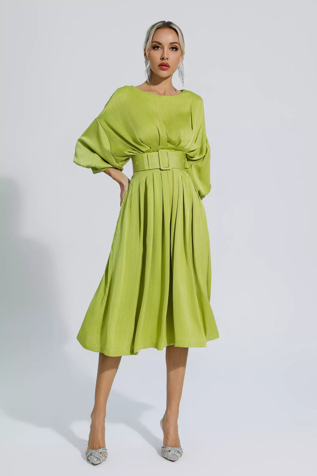 Light Green Satin Bateau Midi