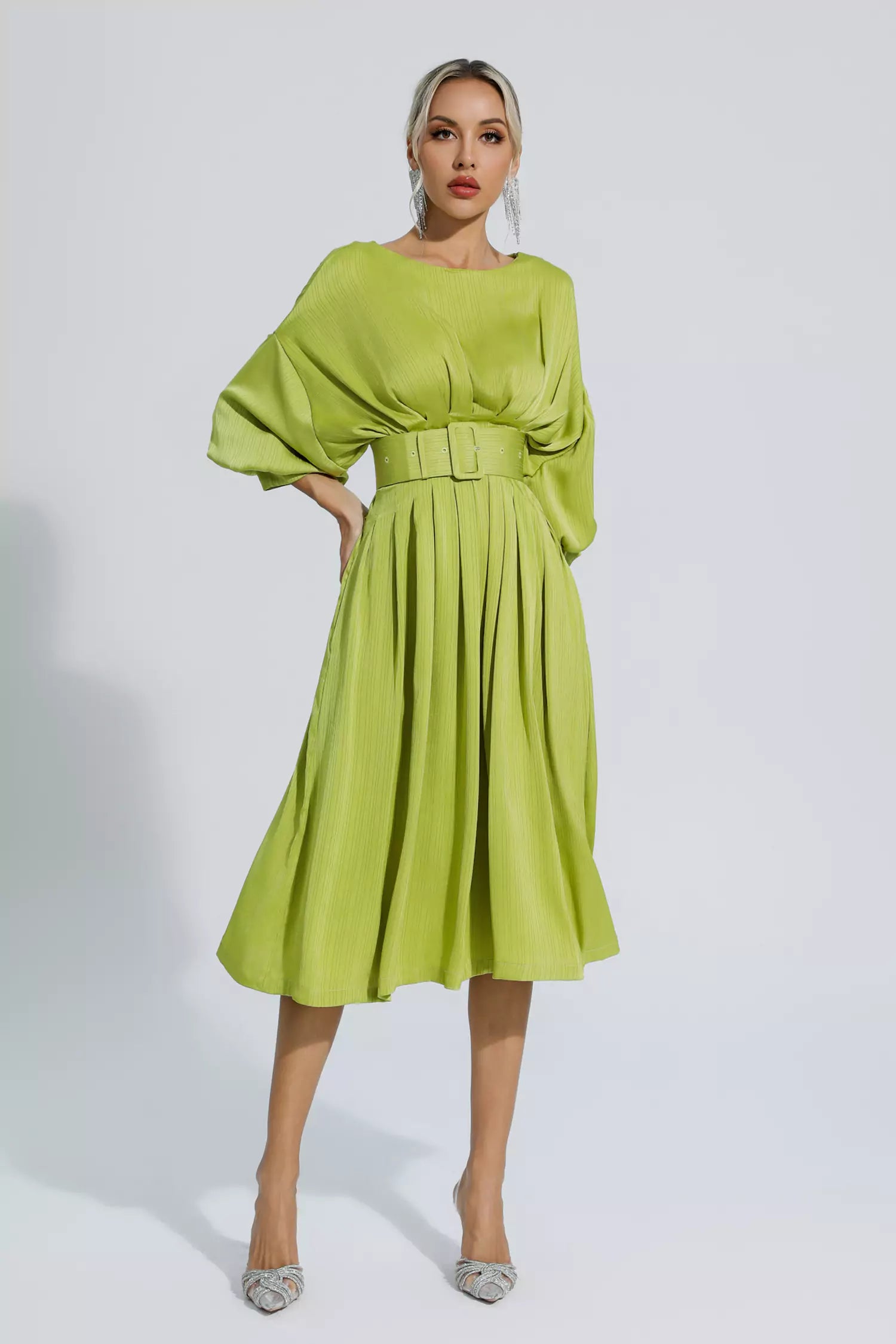 Light Green Satin Bateau Midi