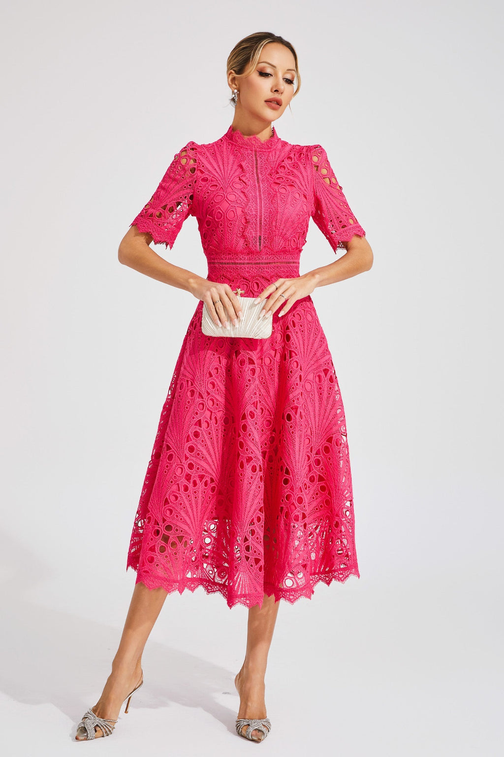 Rose Red Cut-Out Lace Midi