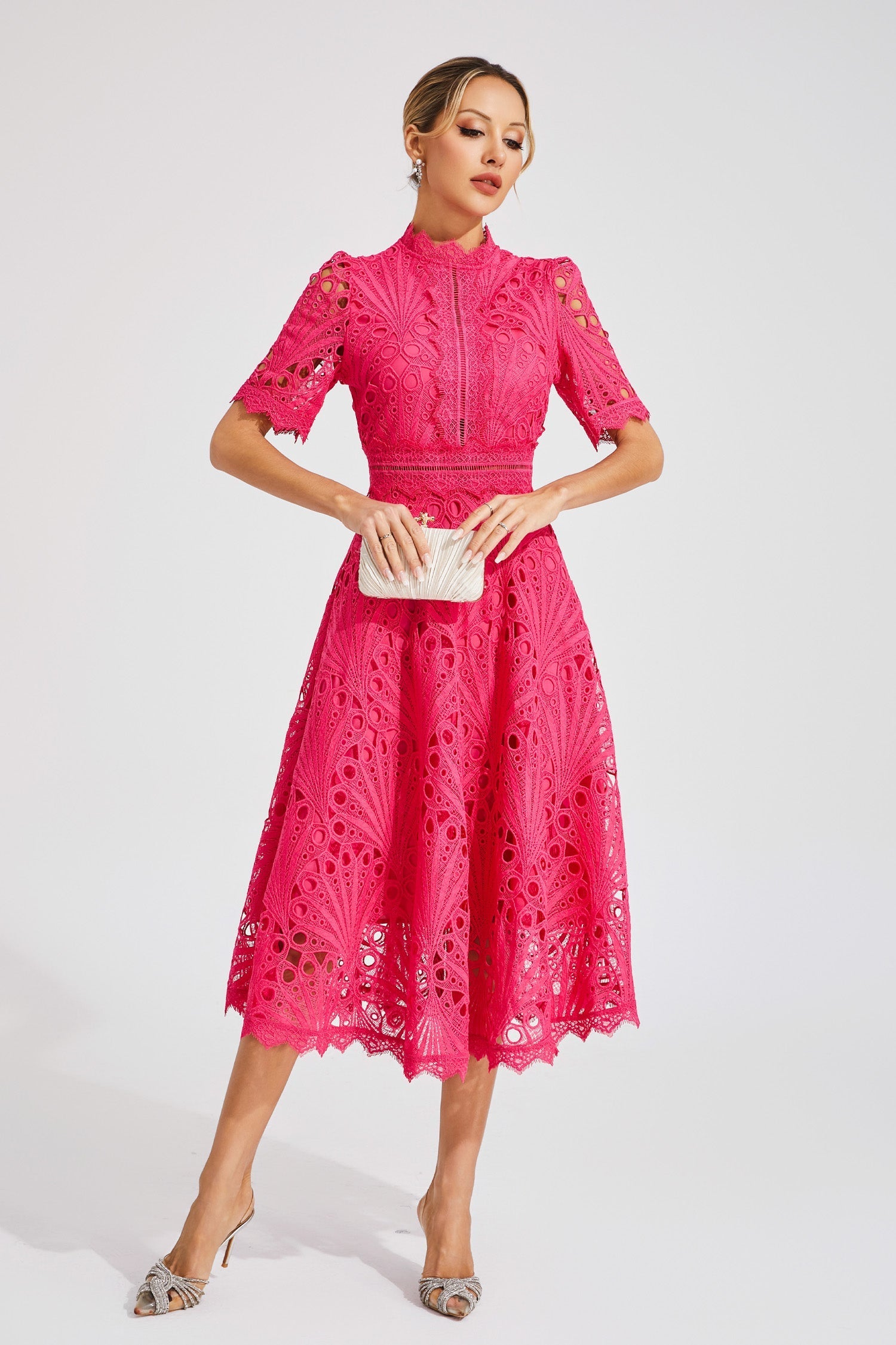 Rose Red Cut-Out Lace Midi