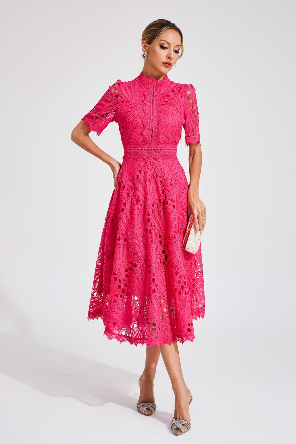 Rose Red Cut-Out Lace Midi