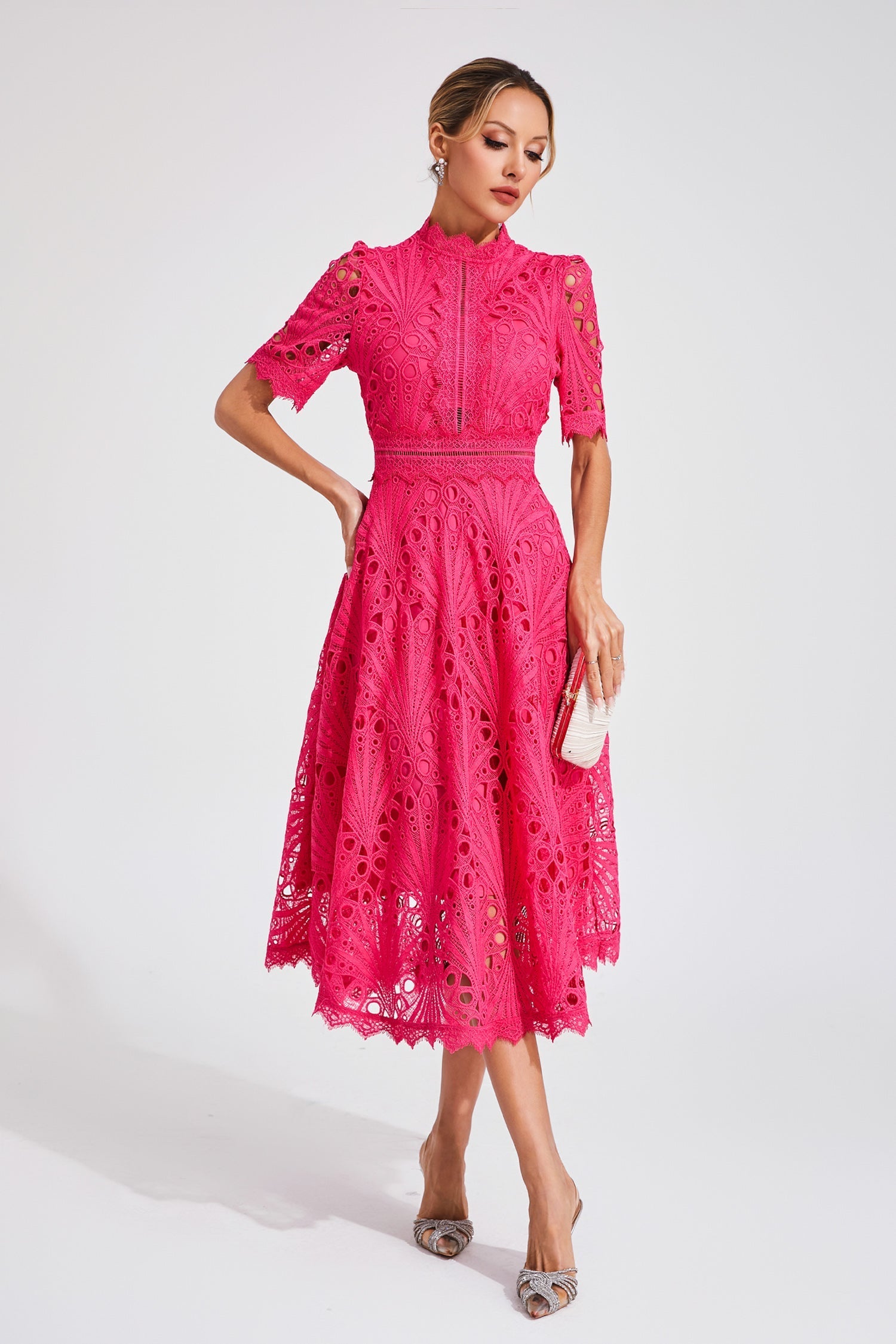 Rose Red Cut-Out Lace Midi