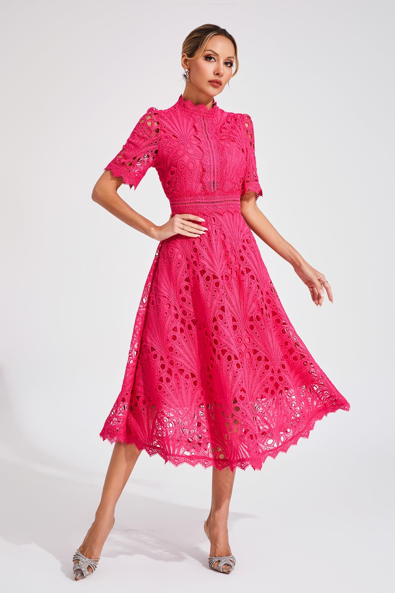 Rose Red Cut-Out Lace Midi