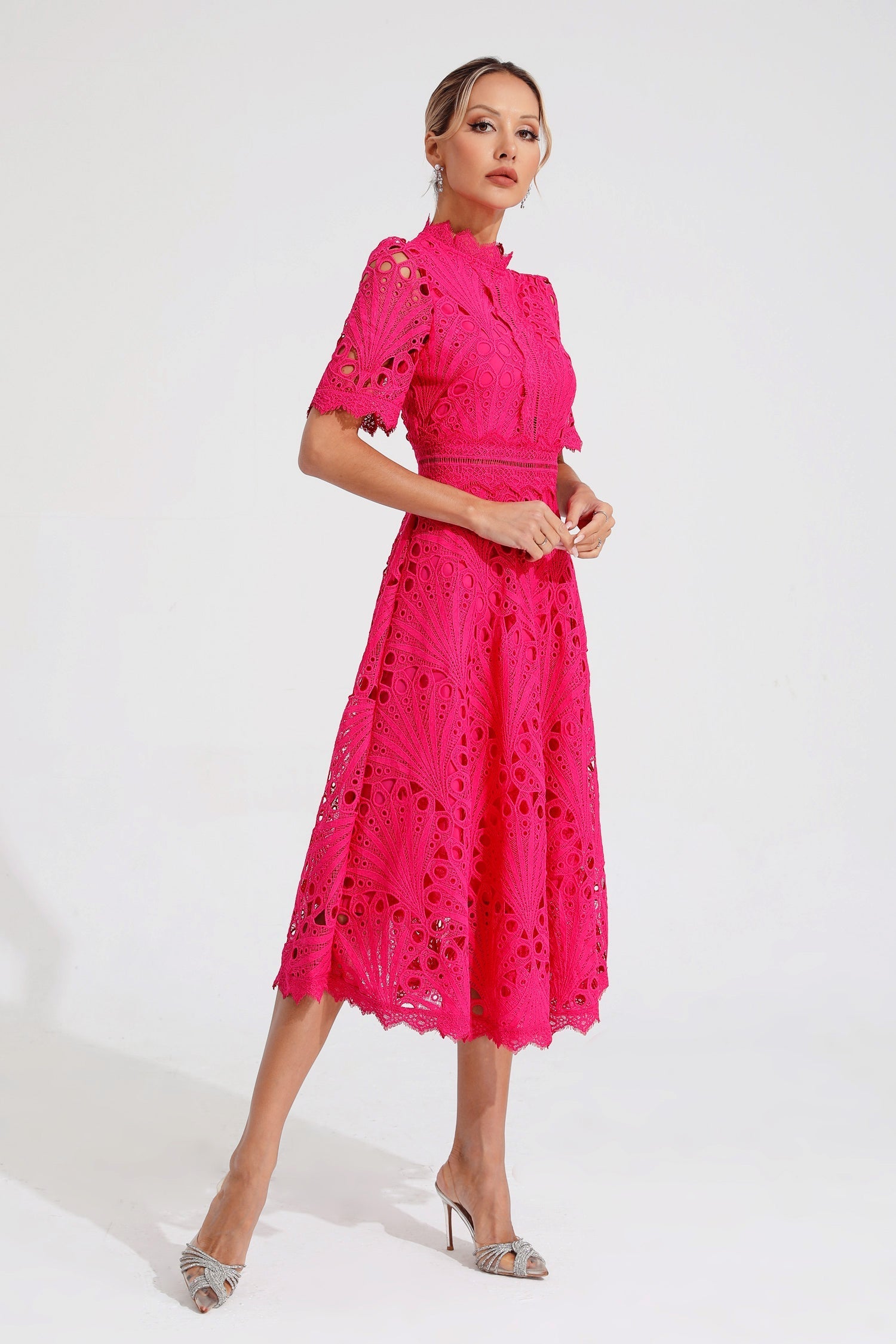 Rose Red Cut-Out Lace Midi