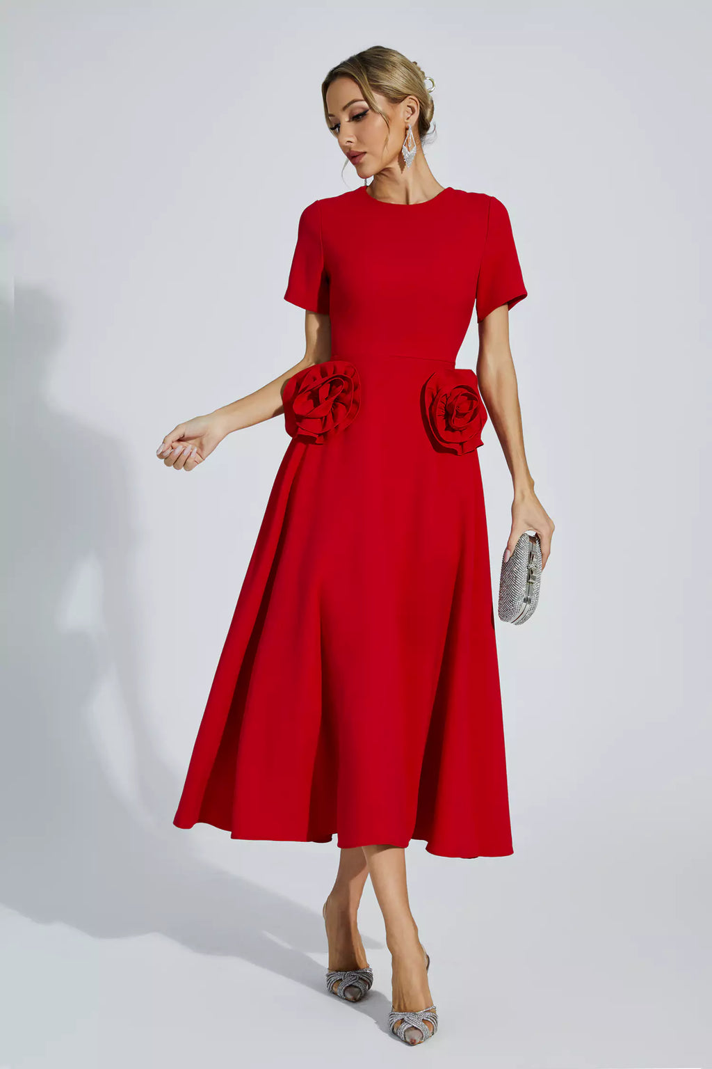 Red Floral Round Neck Midi