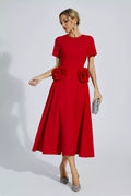 Red Floral Round Neck Midi