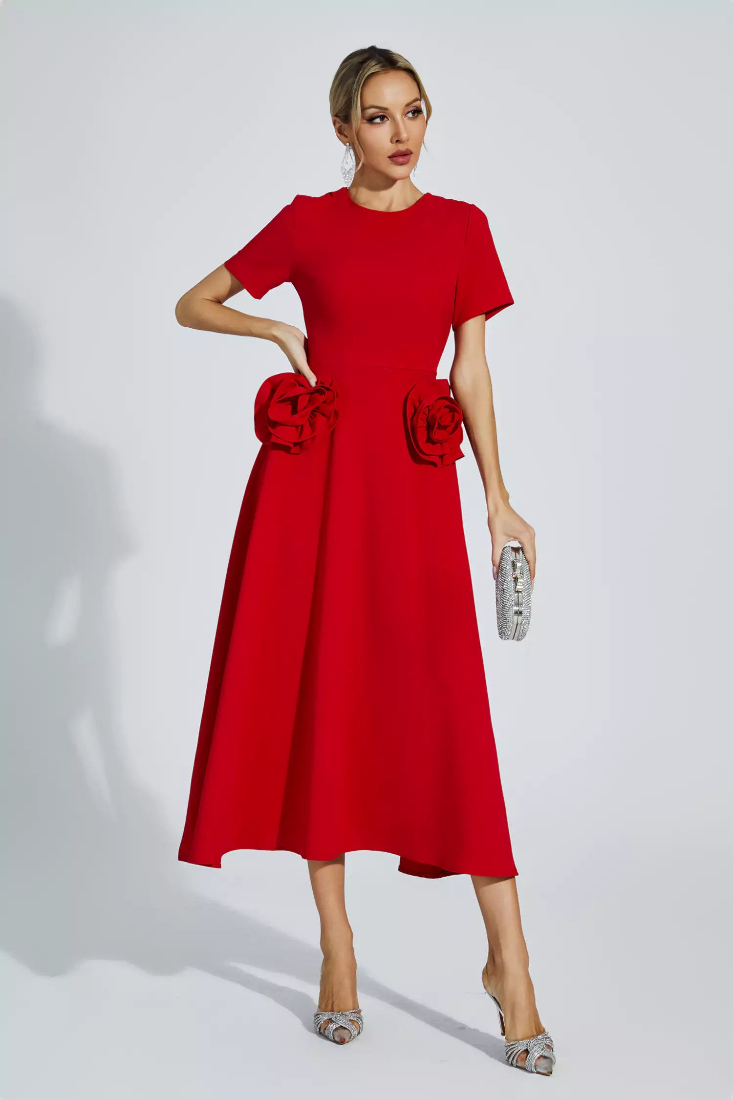Red Floral Round Neck Midi