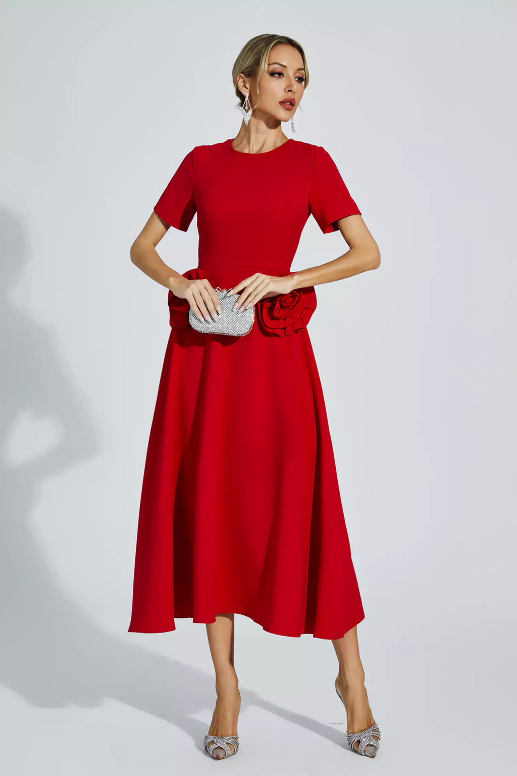 Red Floral Round Neck Midi