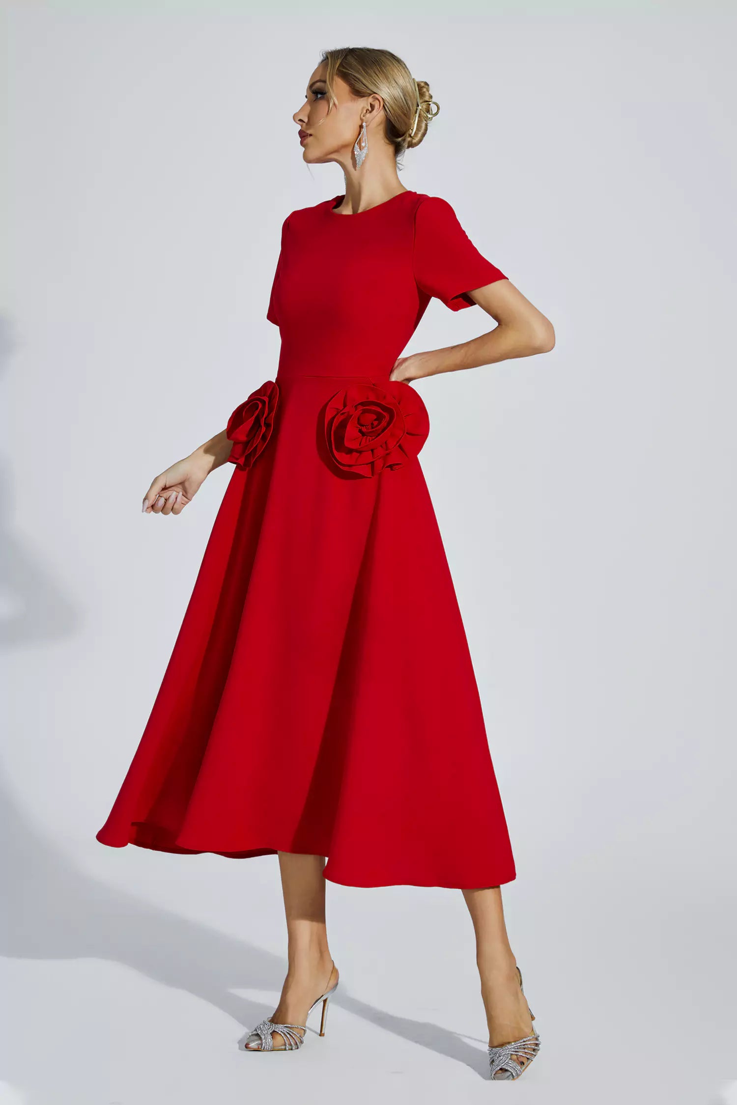 Red Floral Round Neck Midi