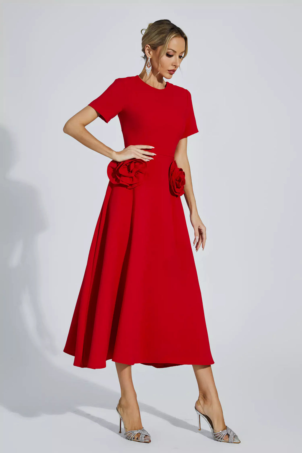 Red Floral Round Neck Midi