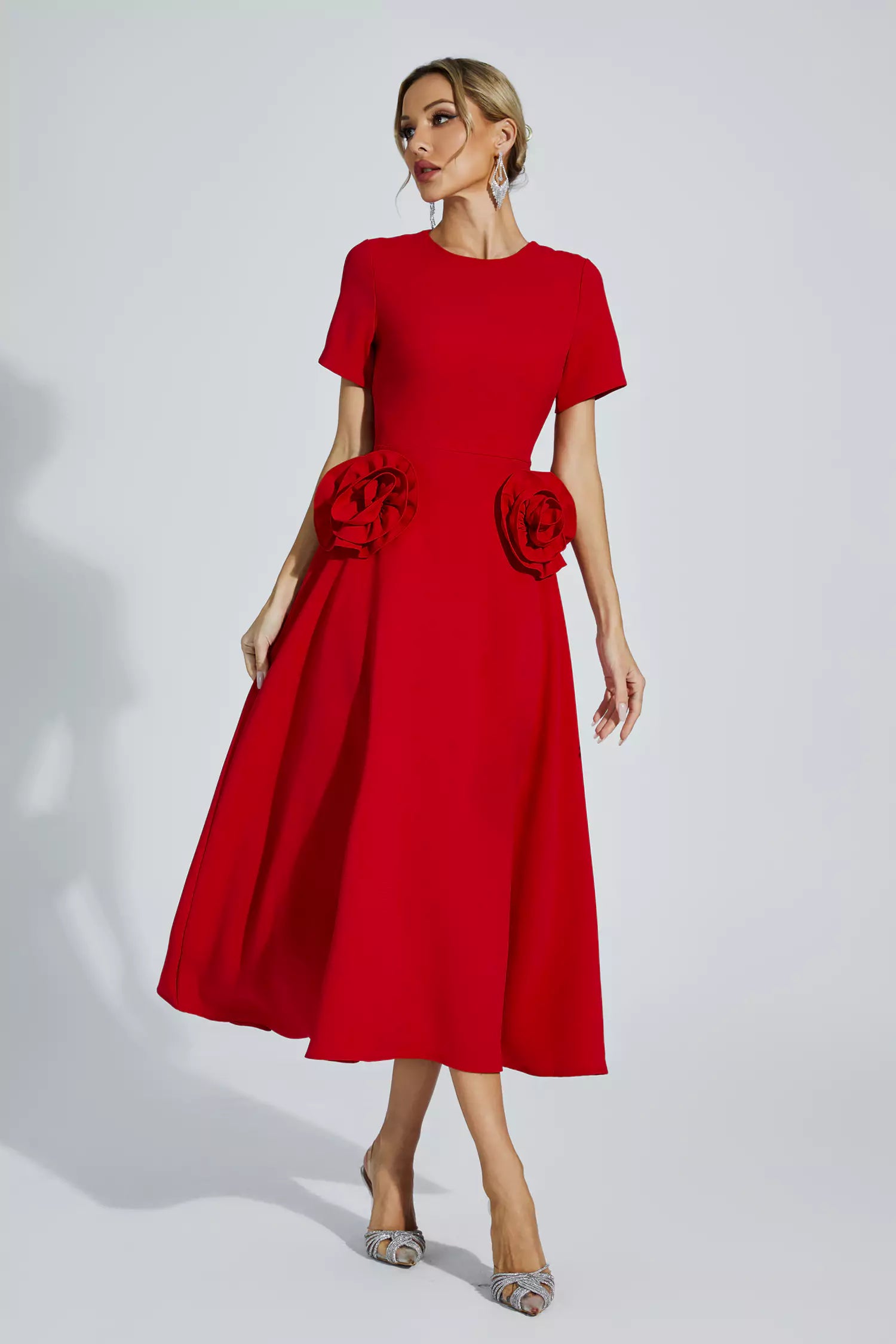 Red Floral Round Neck Midi